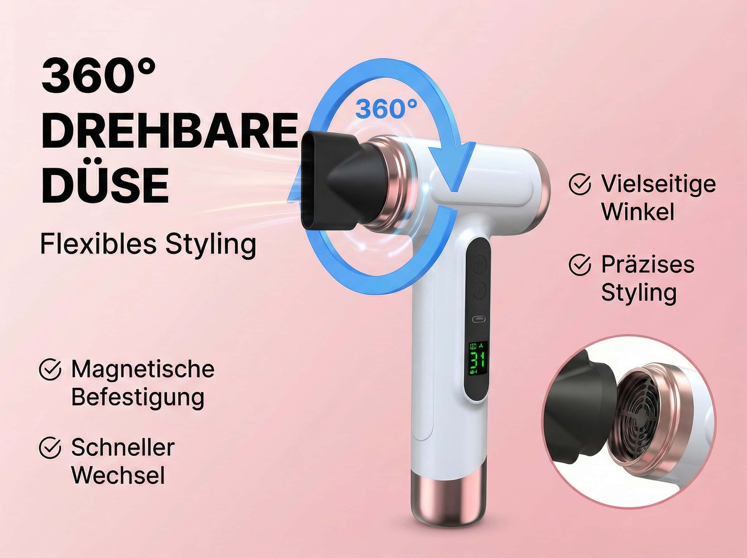 Ein weißer Haartrockner mit drehbarer Düse und digitaler Anzeige.
