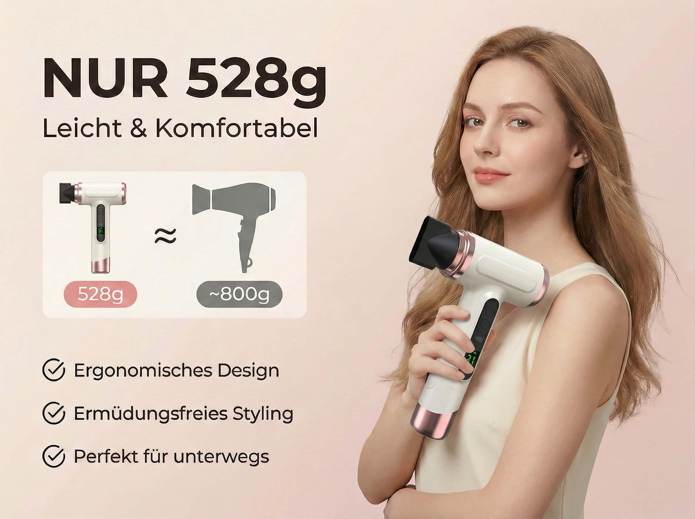 Eine Frau hält einen leichten weißen Haartrockner mit roségoldenen Akzenten. Anzeige: 528g.