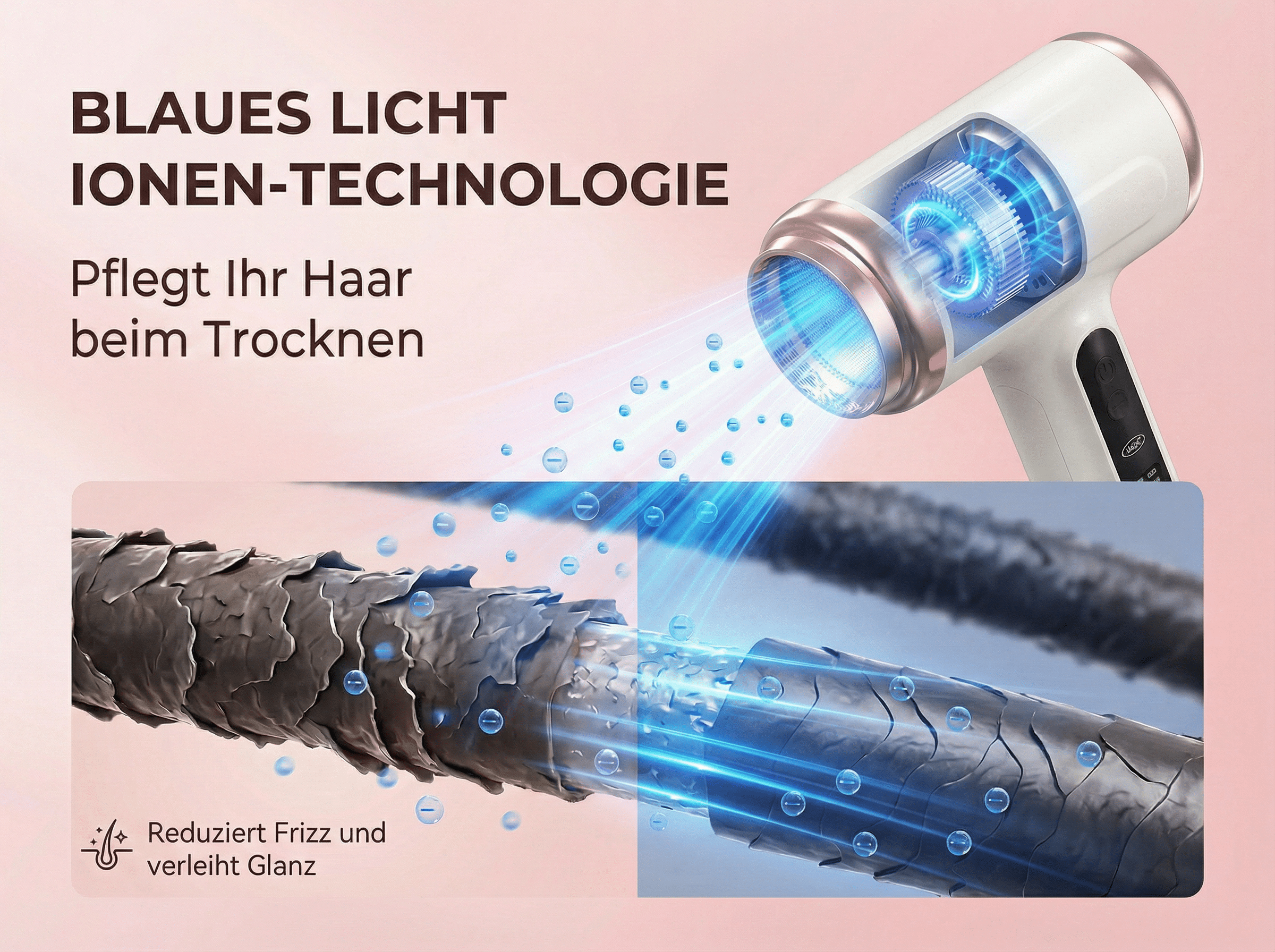 Ein Föhn mit blauer Licht-Ionen-Technologie pflegt das Haar und reduziert Frizz.