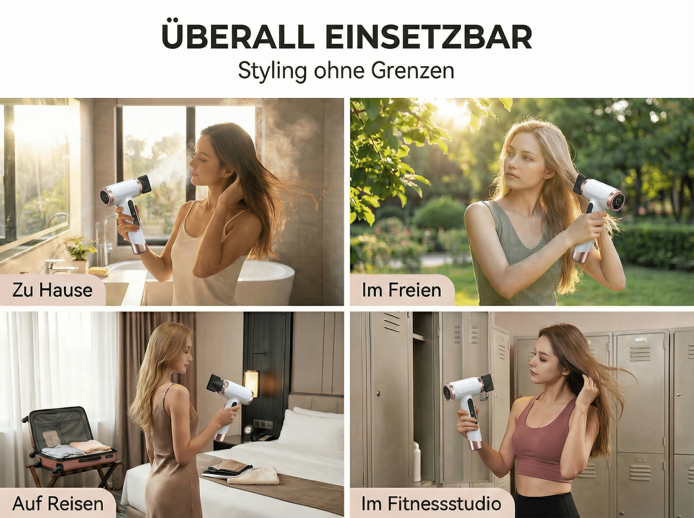 Vier Szenen: Frau föhnt Haare zu Hause, draußen, auf Reisen, im Fitnessstudio.