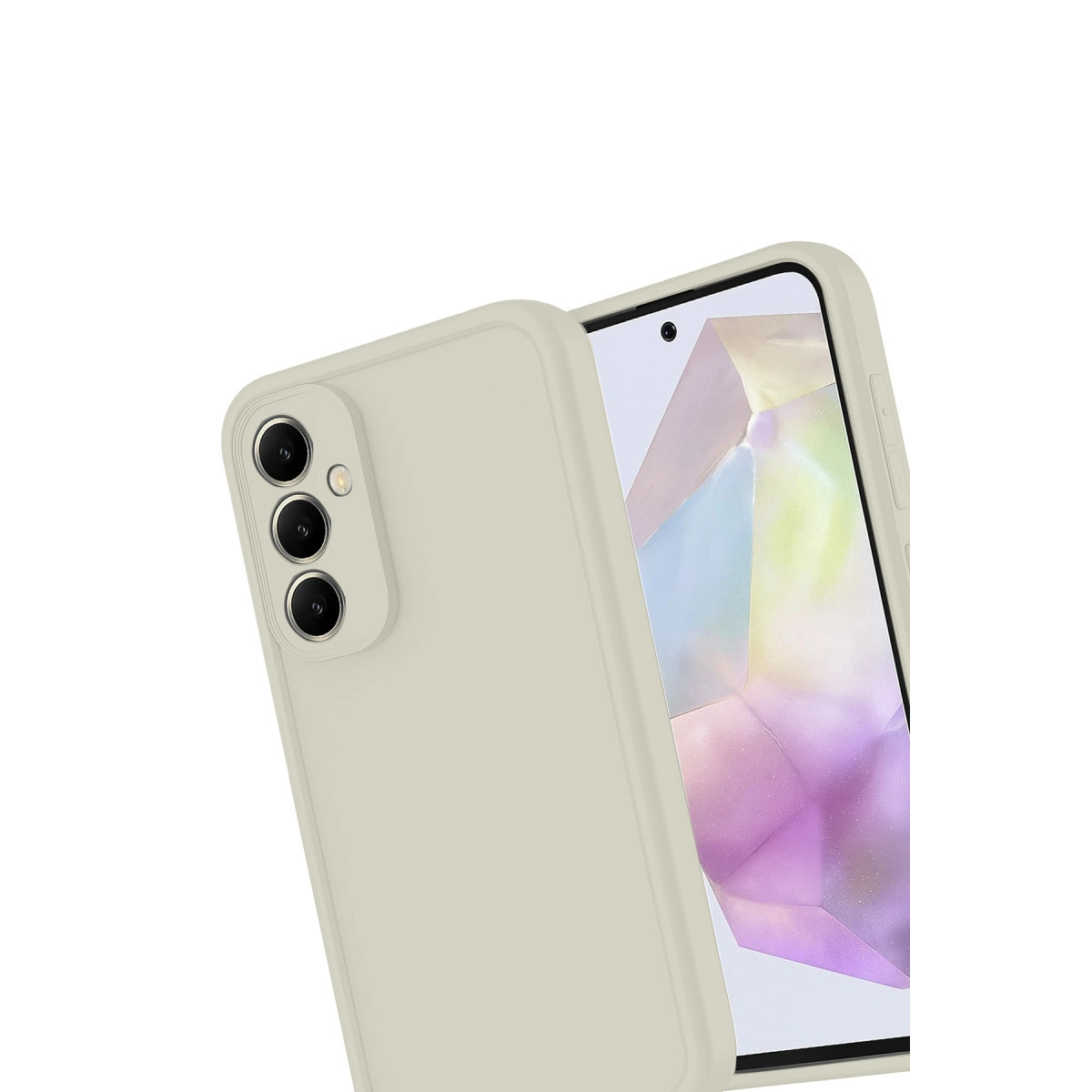 Arkada üç kamerası olan açık bej renkli akıllı telefon, beyaz arka planda.