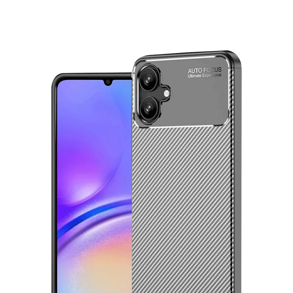Karbon fiber desenli kılıflı ve çift kameralı akıllı telefon.