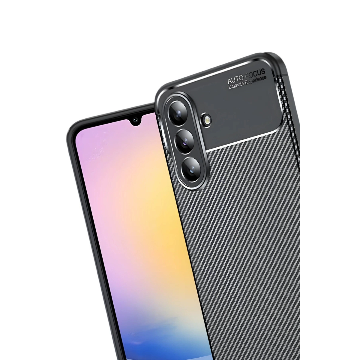 Siyah karbon fiber kılıflı, üç lensli akıllı telefon.