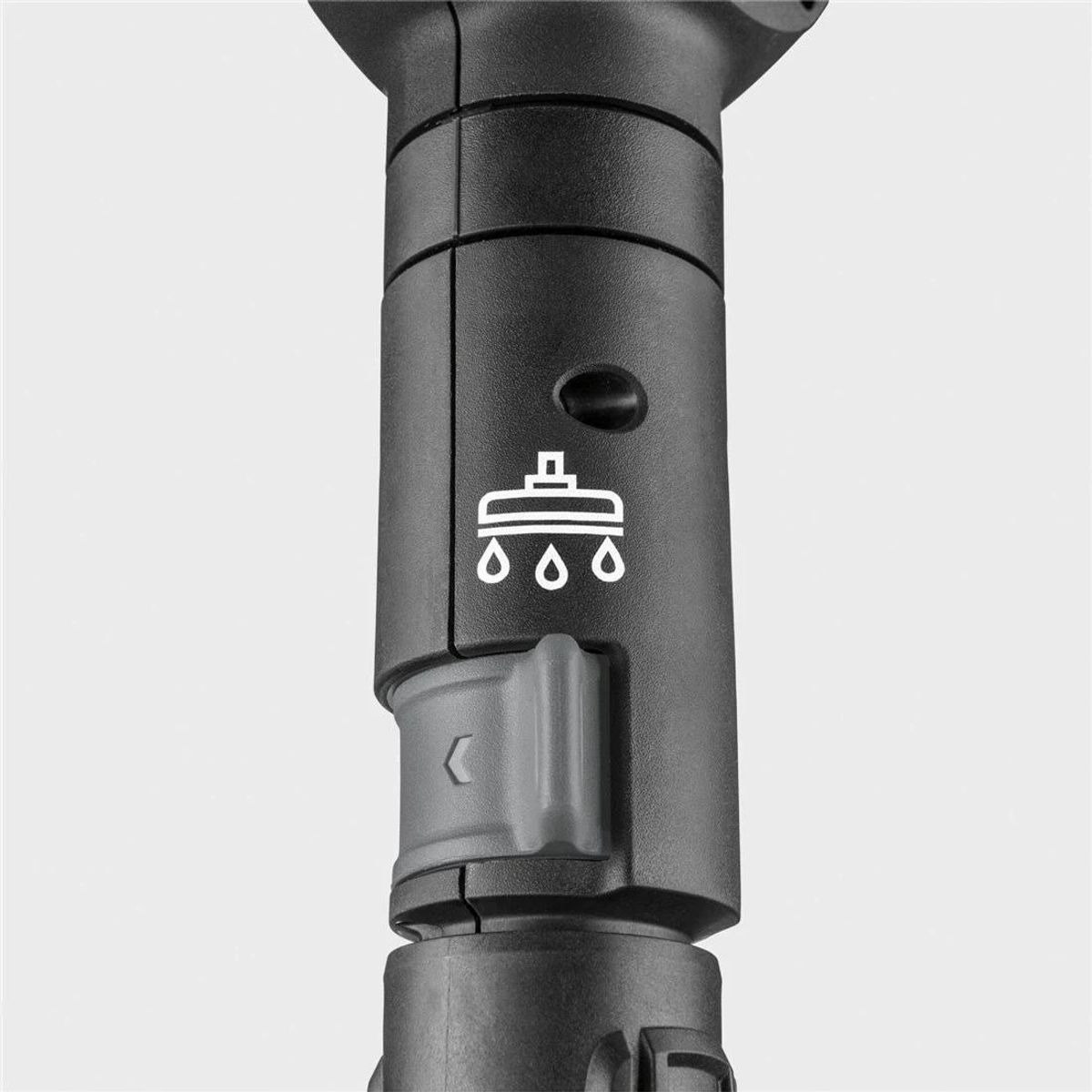 Ein Duschsymbol mit drei Tropfen auf einem schwarzen Griff.
