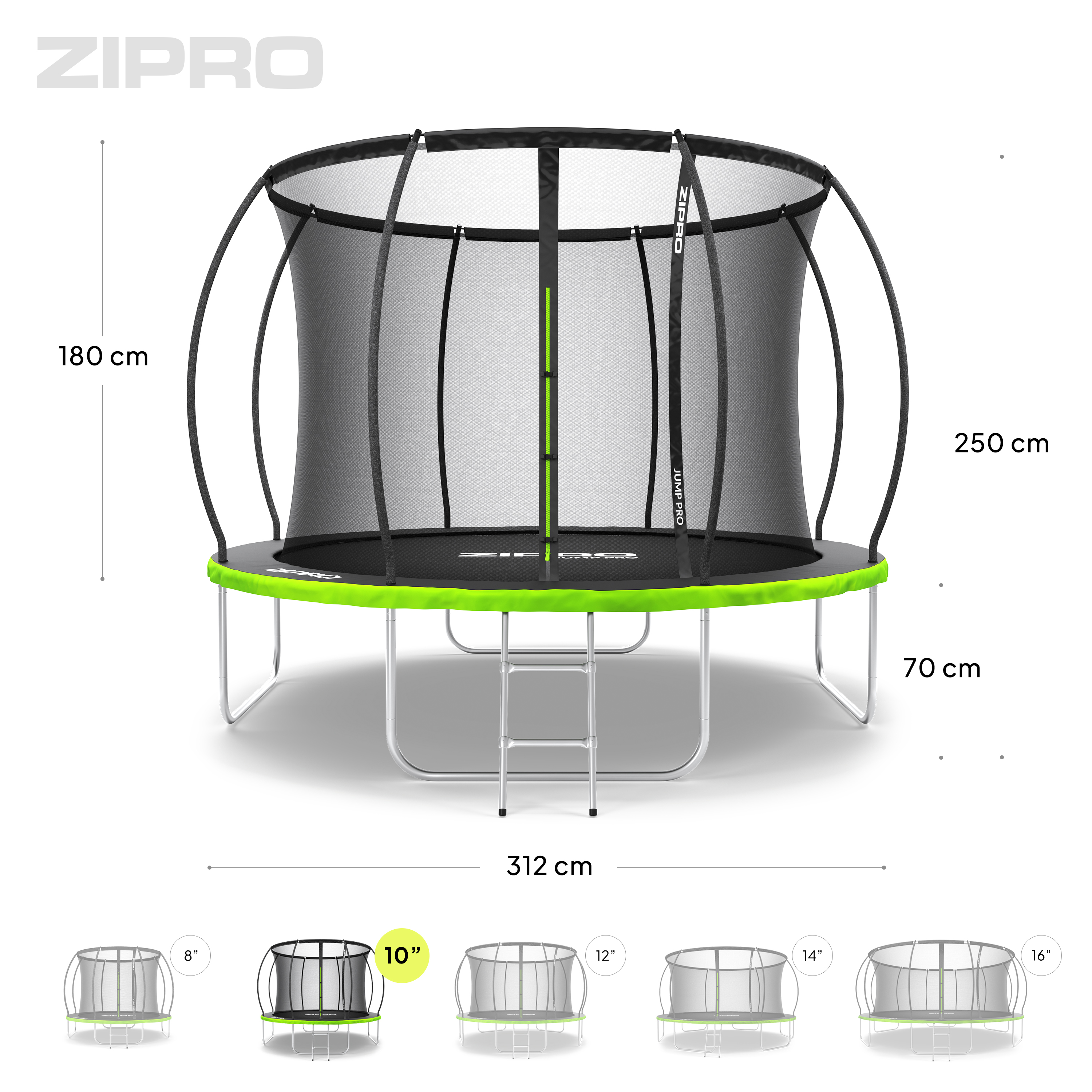 Ein ZIPRO Trampolin mit Sicherheitsnetz, Leiter und Maßangaben.