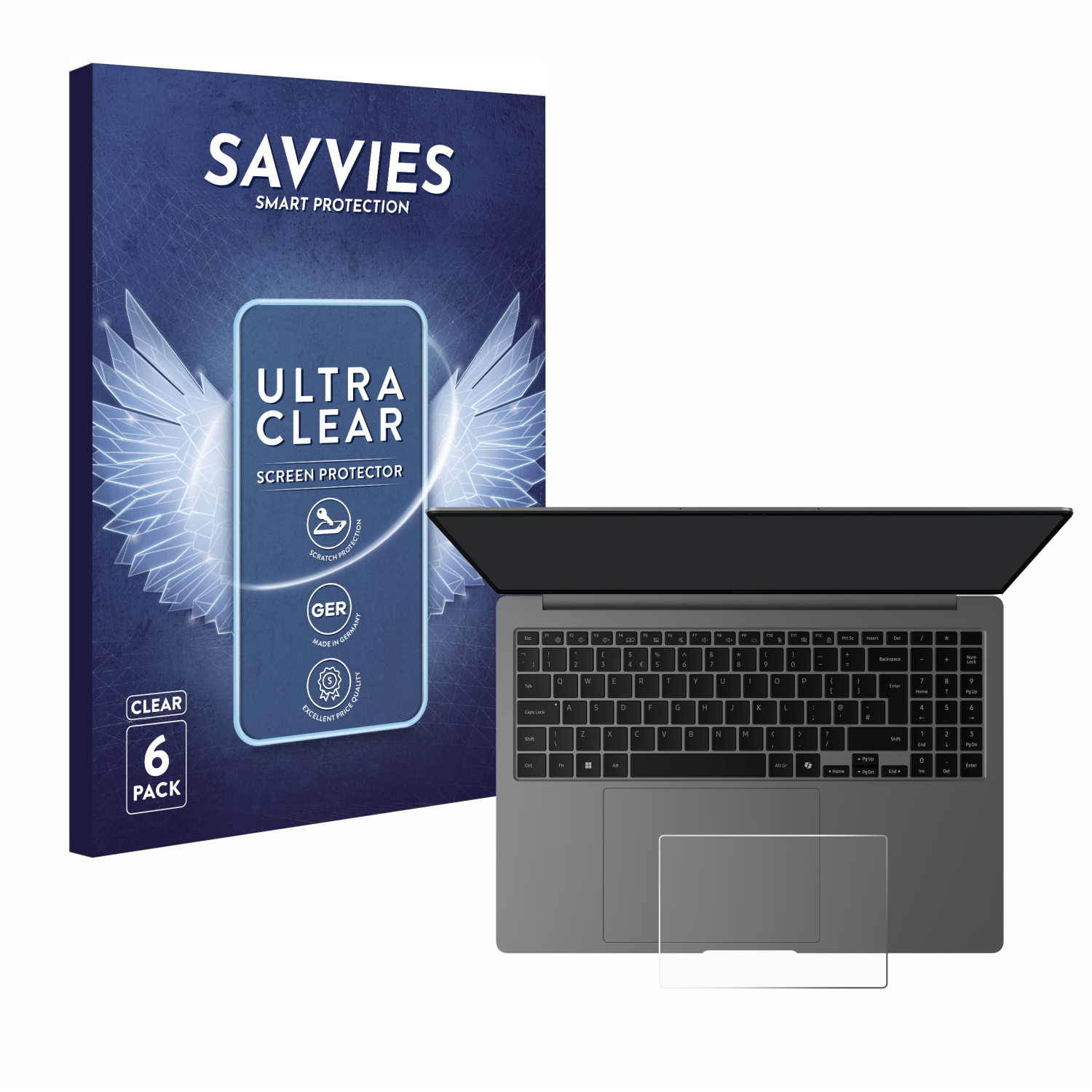 Verpackung für einen 6er-Pack Savvies Ultra Clear Displayschutzfolien neben einem Laptop.