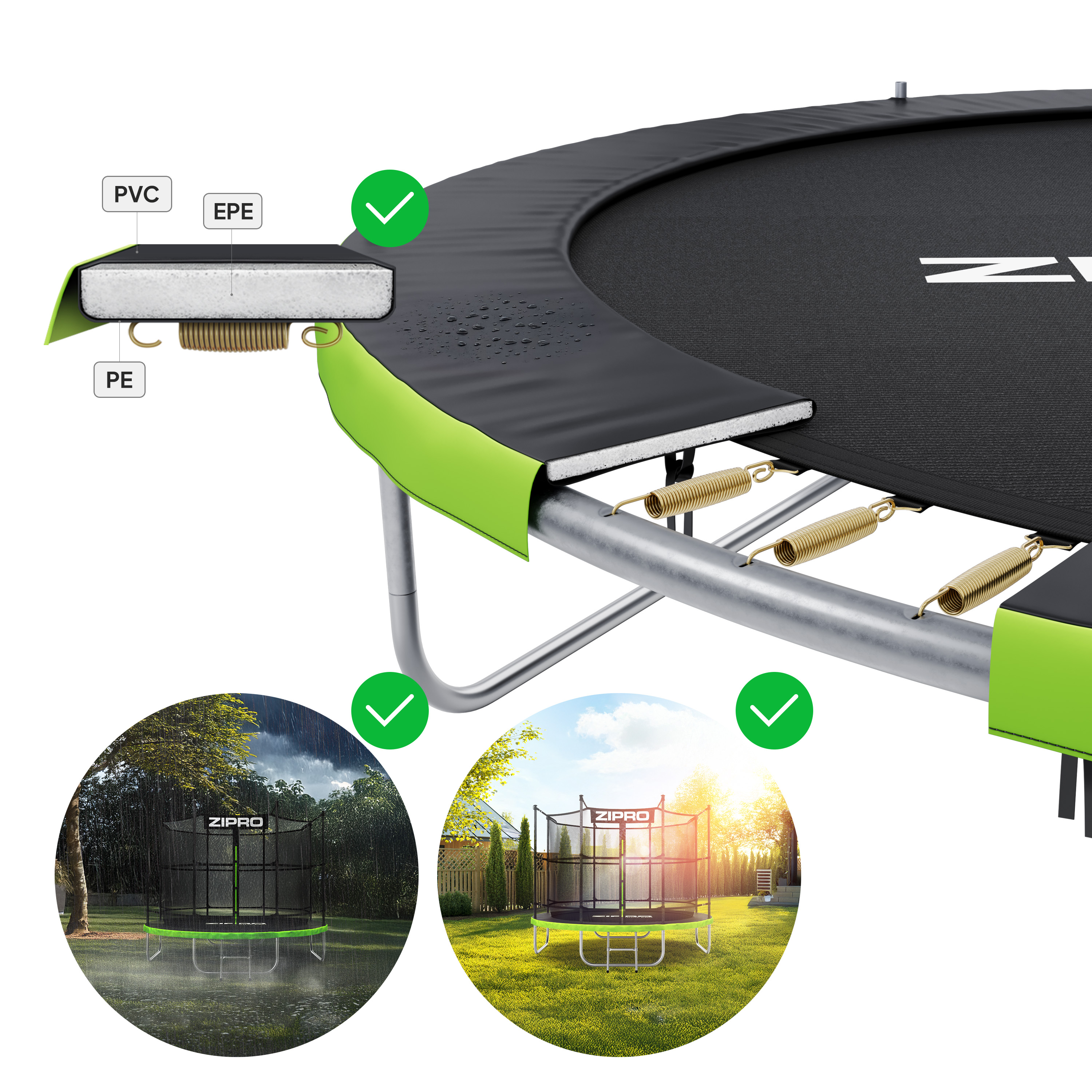 Trampolinmaterialien mit Federn und zwei Szenen: Regen und Sonnenschein.