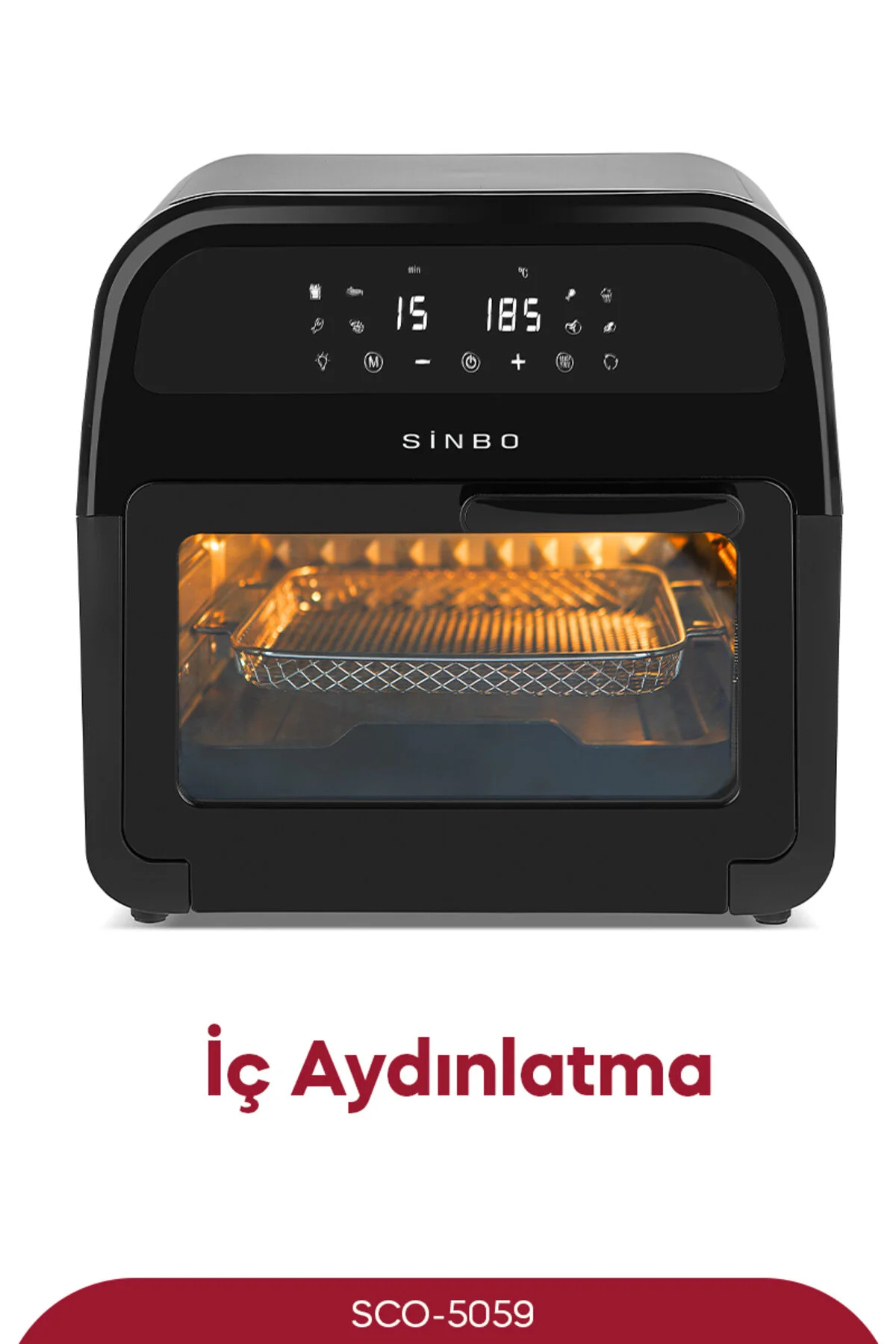Dijital ekranlı siyah Sinbo airfryer fırın: 15 dk, 185 derece.