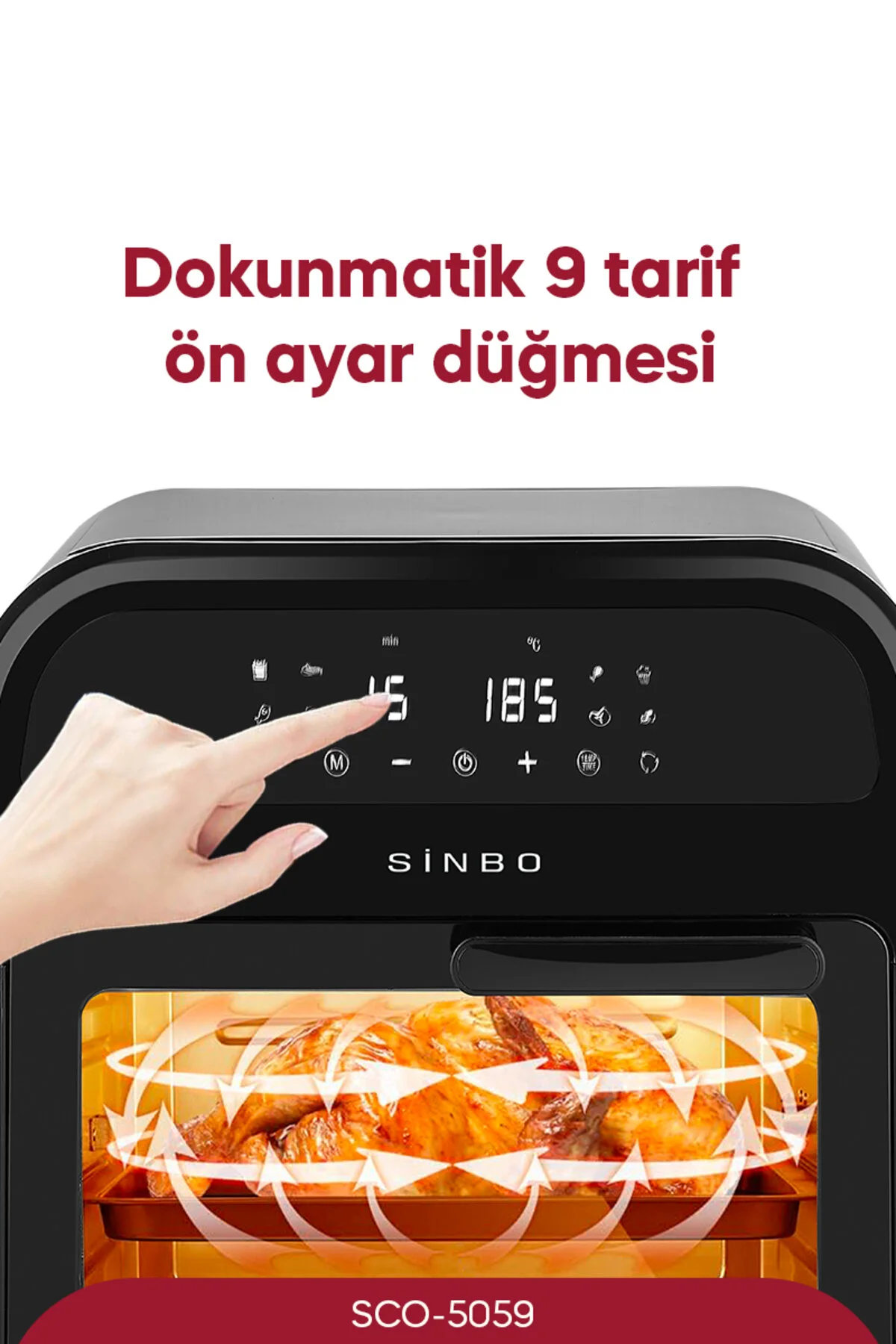Bir parmak, kızarmış tavuk pişiren siyah bir Sinbo fırınının ekranına dokunuyor.