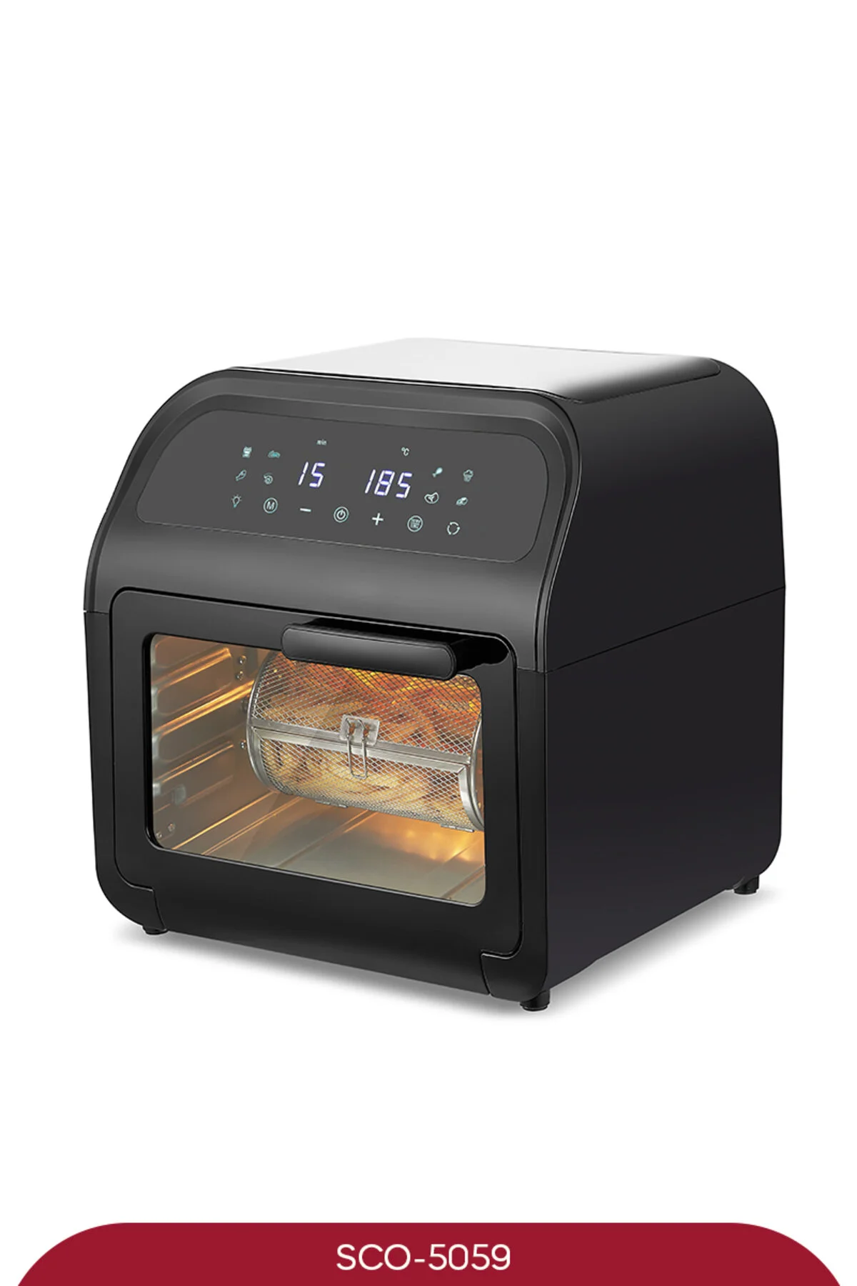 Dijital ekranlı ve döner sepetli siyah airfryer fırın.