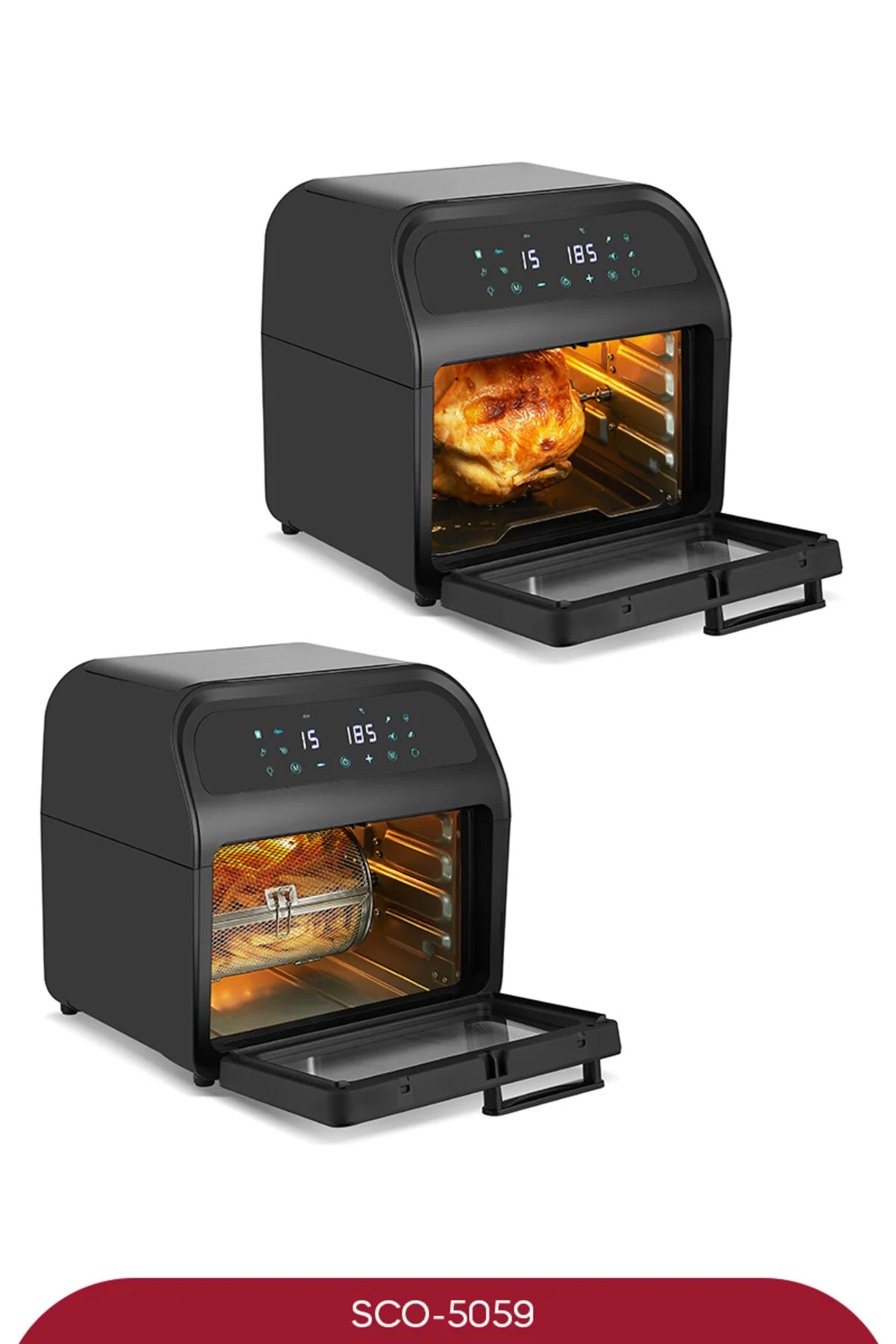 Üstte kızarmış tavuk, altta patates kızartması olan siyah fritöz fırını.