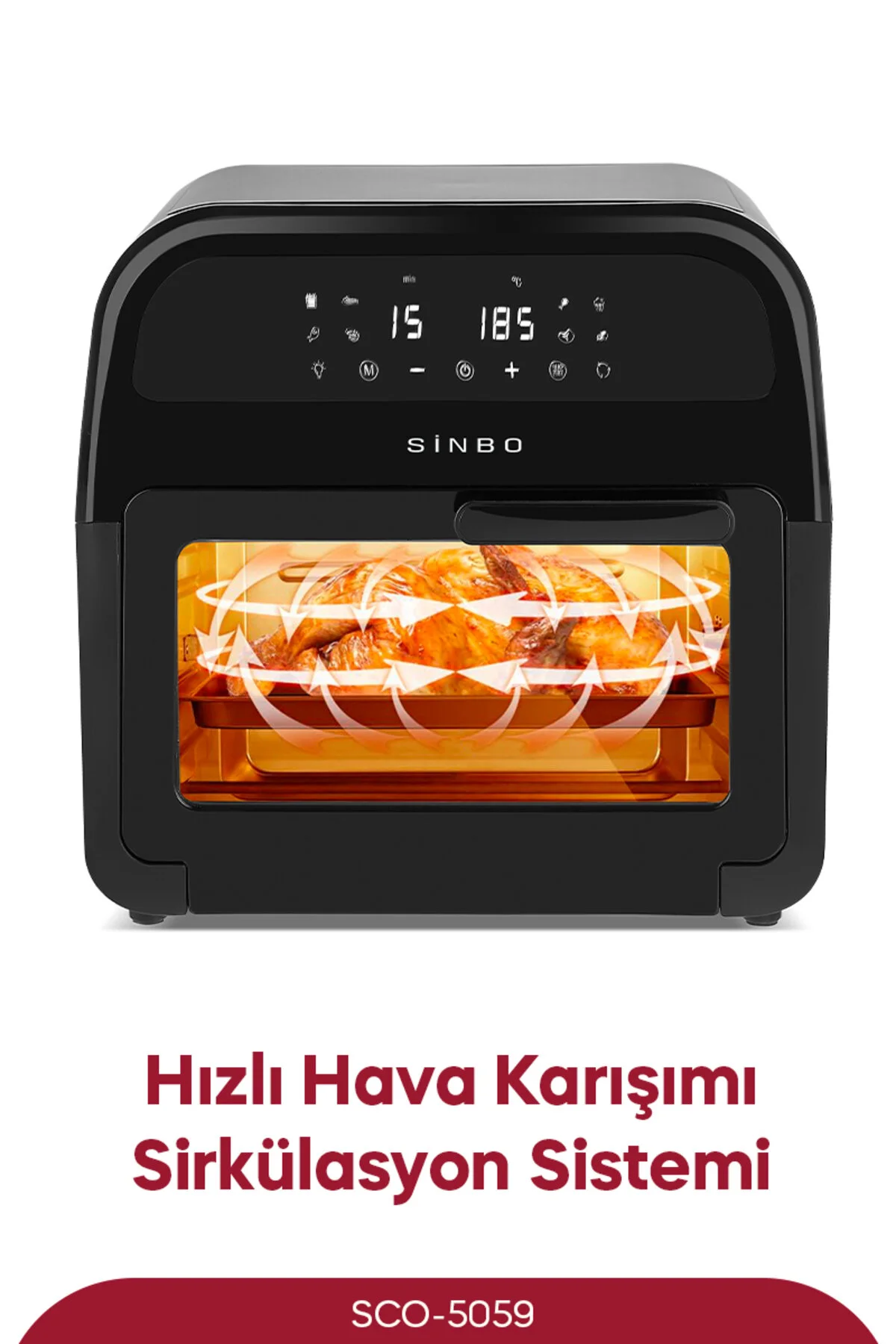İçinde kızarmış tavuk olan siyah hava fritözlü fırın.