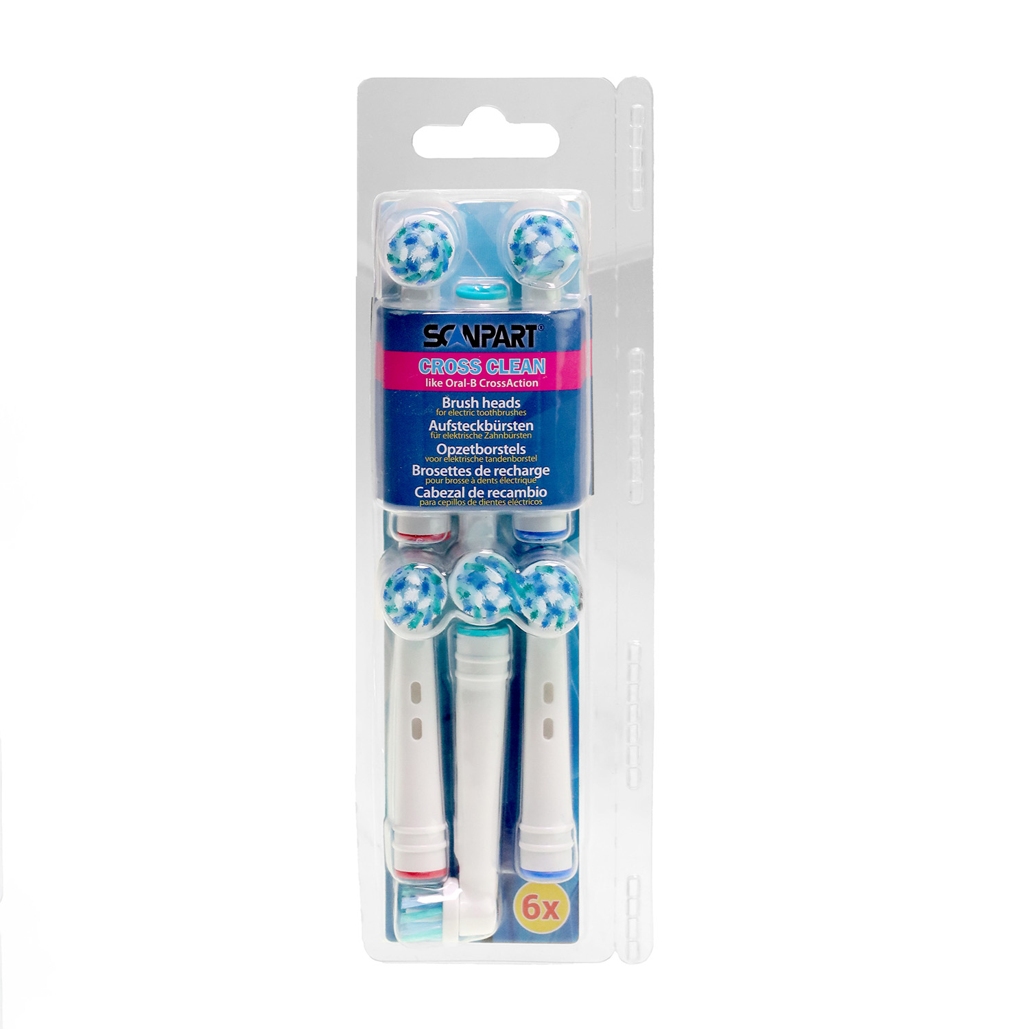 Confezione con sei testine rotonde per spazzolino, blu e bianche.