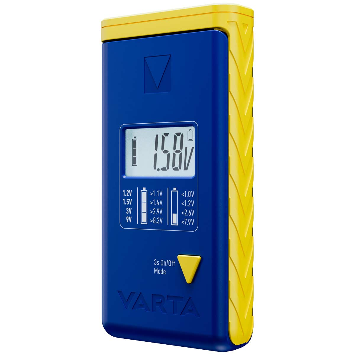 Blauer Varta Batterietester mit gelbem Rand und LCD-Anzeige.