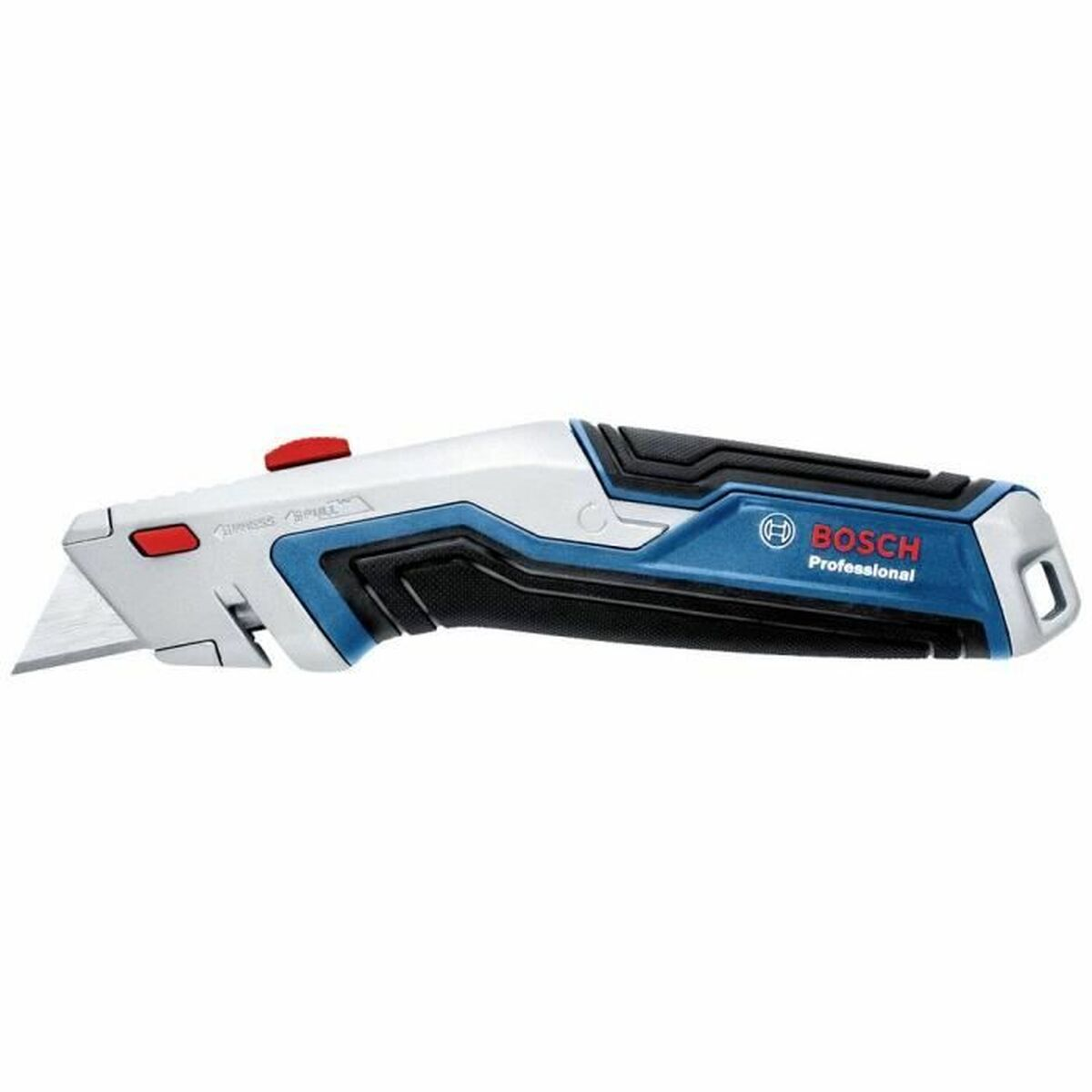 Ein Bosch Professional Cuttermesser mit blauem und weißem Griff und rotem Knopf.
