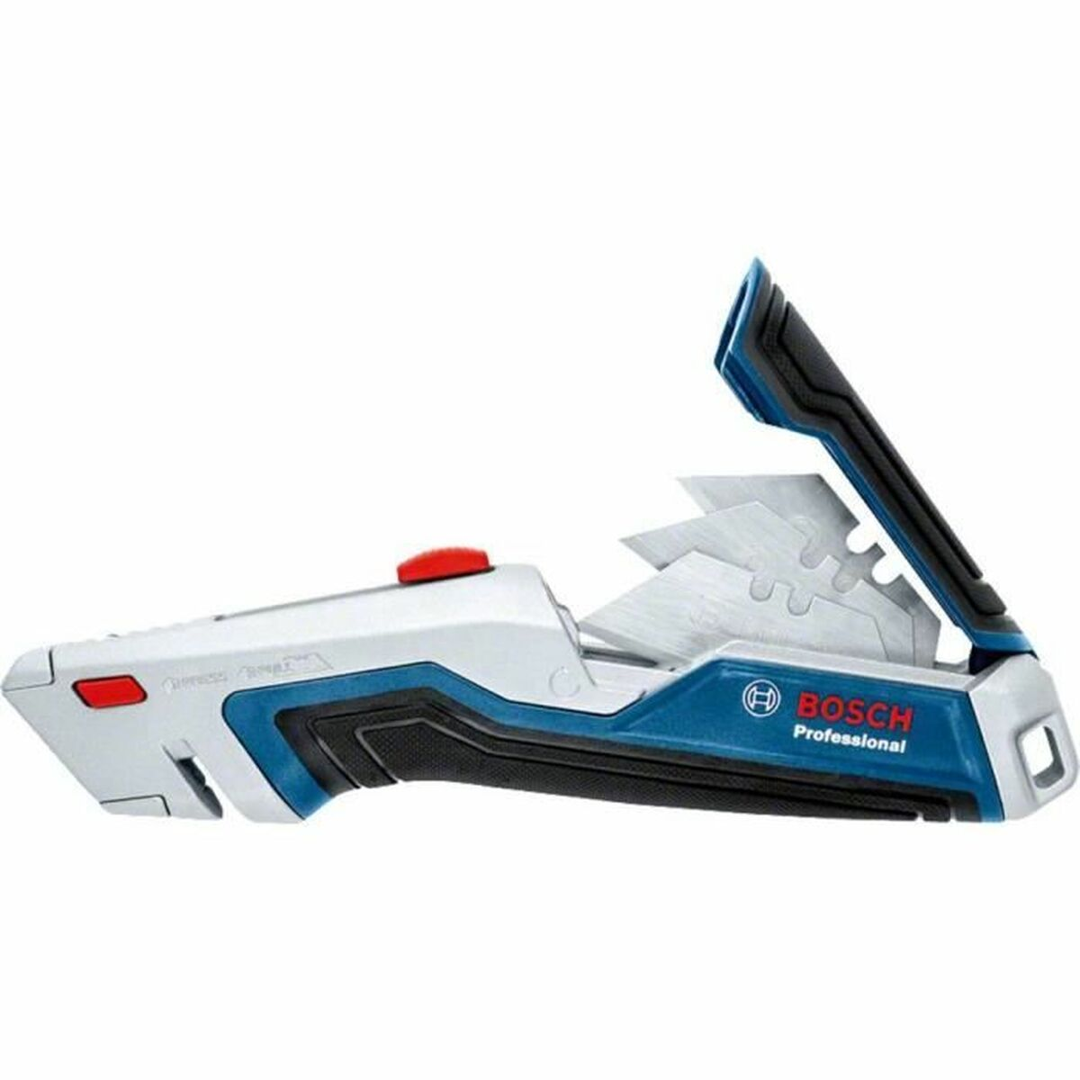 Bosch Professional Cuttermesser mit blauem und schwarzem Griff, roten Knöpfen und mehreren Klingen.