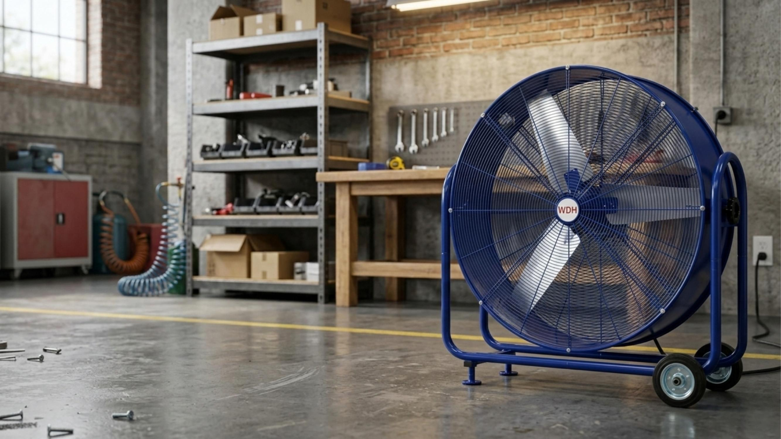 Ein großer blauer Ventilator steht in einer Werkstatt mit Werkzeugen und Regalen im Hintergrund.