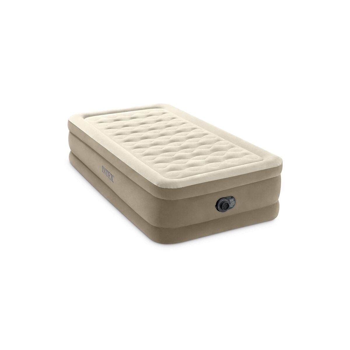 Ein aufblasbares Bett in Beige und Braun mit Wellenmuster auf der Oberseite.