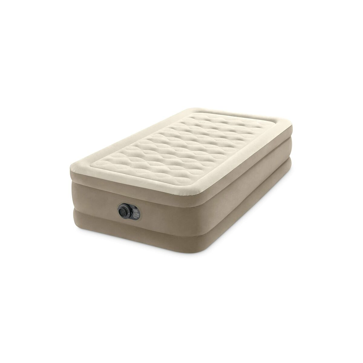 Eine beige und hellbraune aufblasbare Luftmatratze mit strukturierter Oberfläche und Ventil.