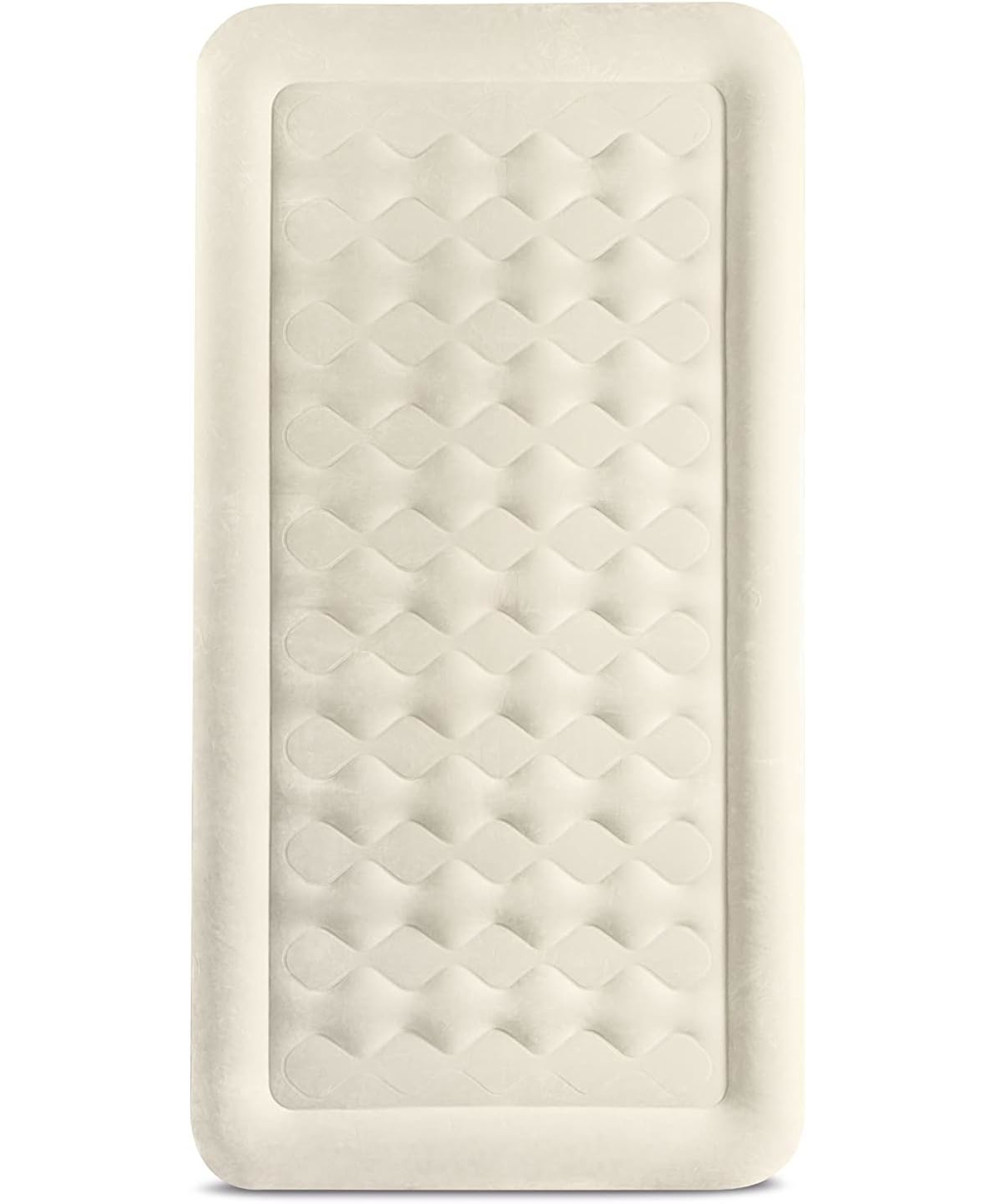 Eine aufblasbare Matratze in Creme mit Rautenmuster.