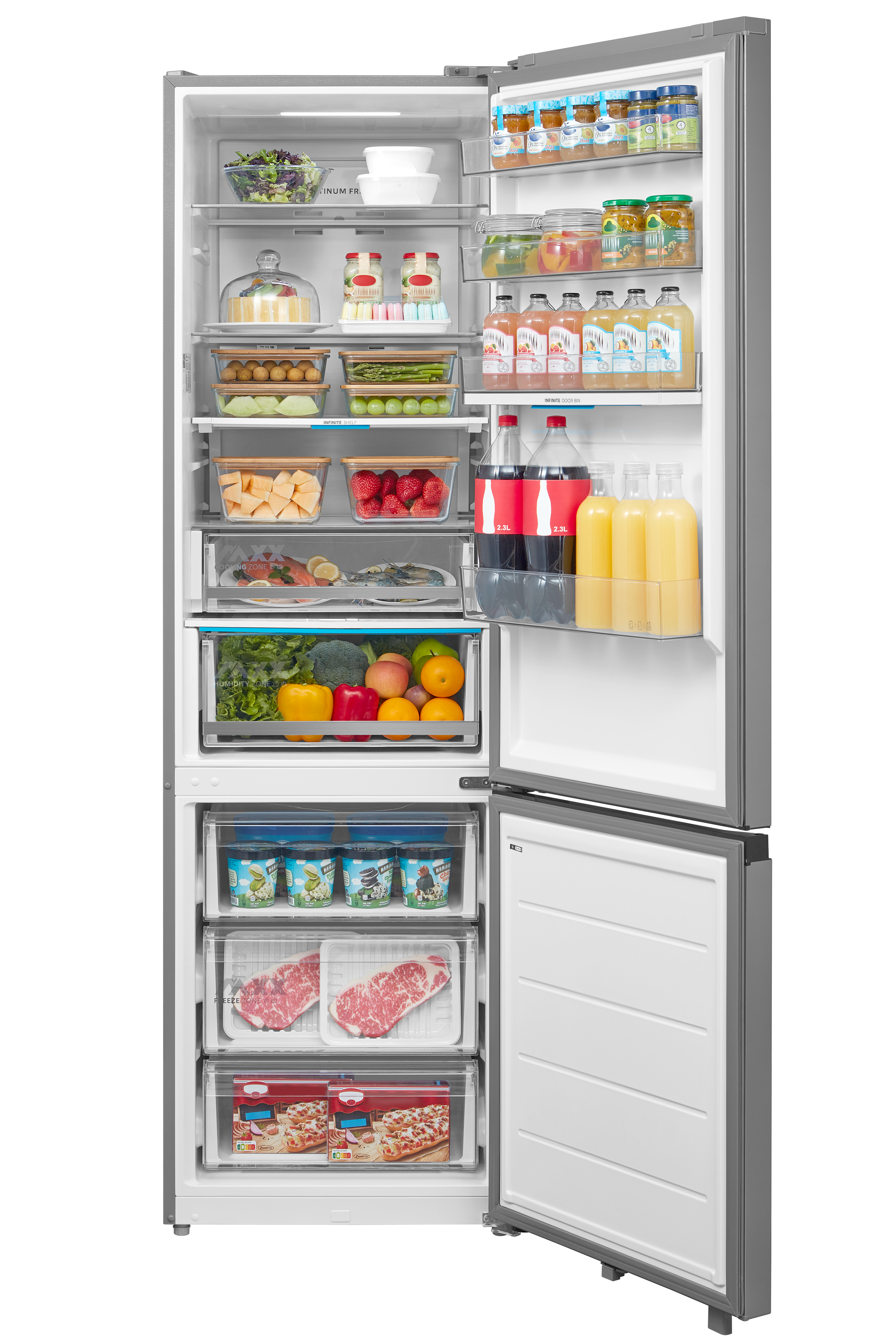 Ein offener Kühlschrank mit Lebensmitteln: Obst, Gemüse, Getränke, Fleisch und Kuchen.