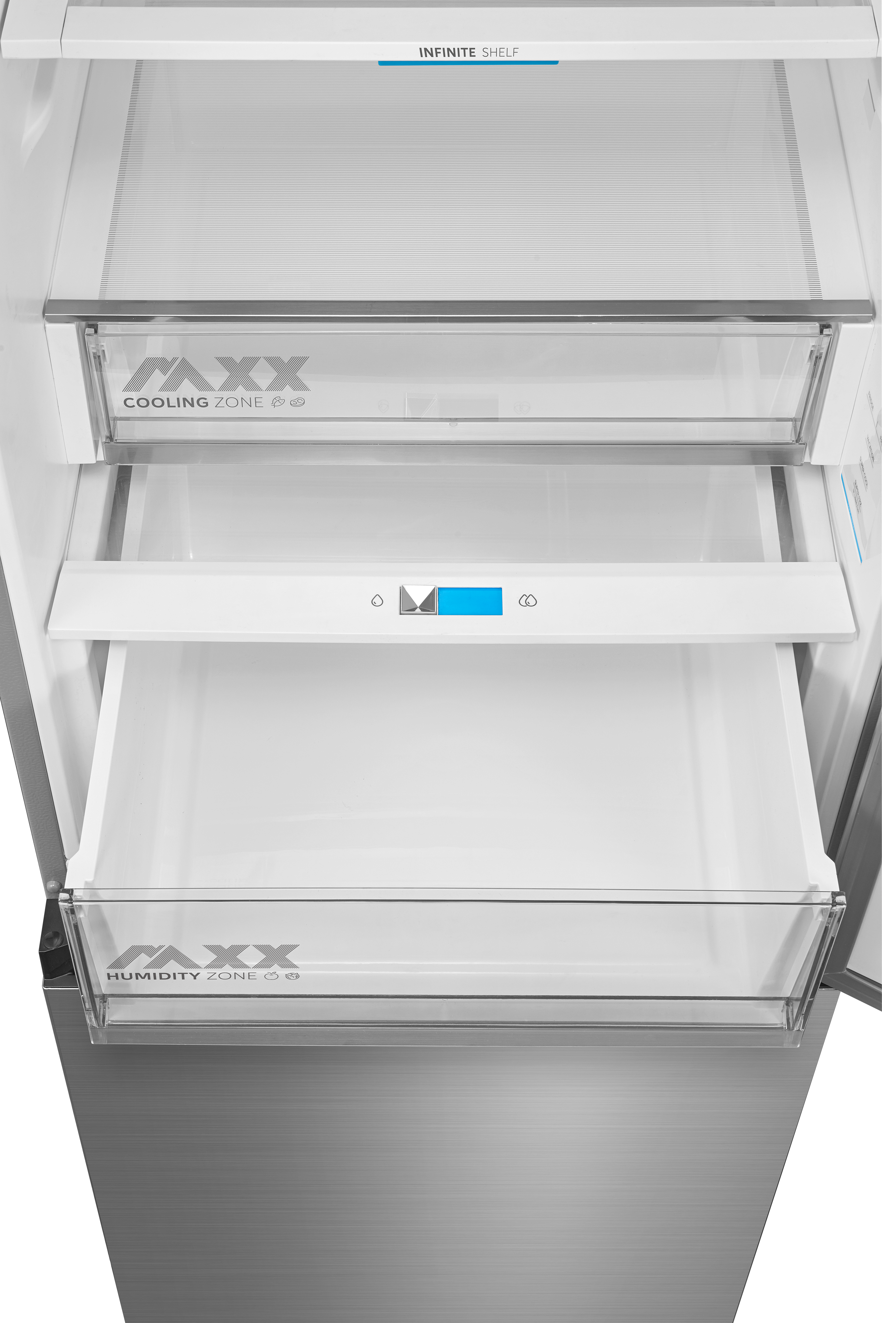 Innenansicht eines Kühlschranks mit Schubladen und "Infinite Shelf"-Beschriftung.