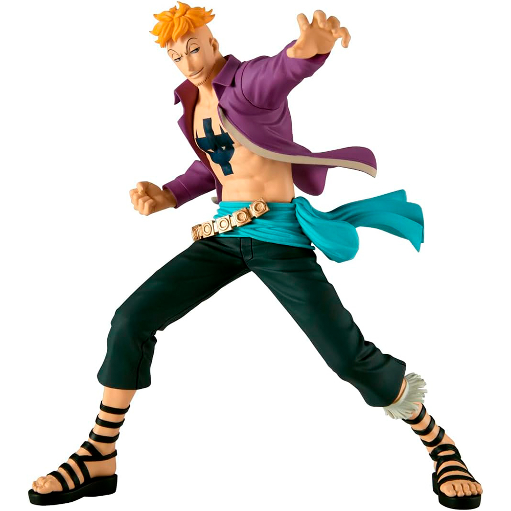 Figura con capelli arancioni, giacca viola, fascia blu e pantaloni scuri.