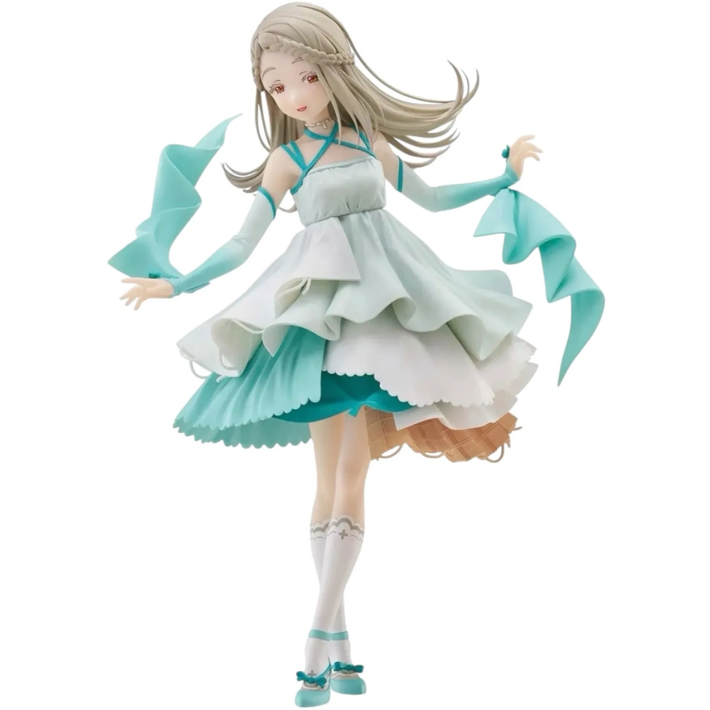 Figura anime di una ragazza in un vestito multistrato azzurro con nastri.