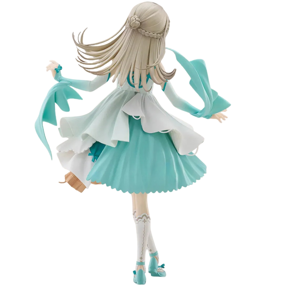 Statua di ragazza bionda con abito verde menta e accenti bianchi.