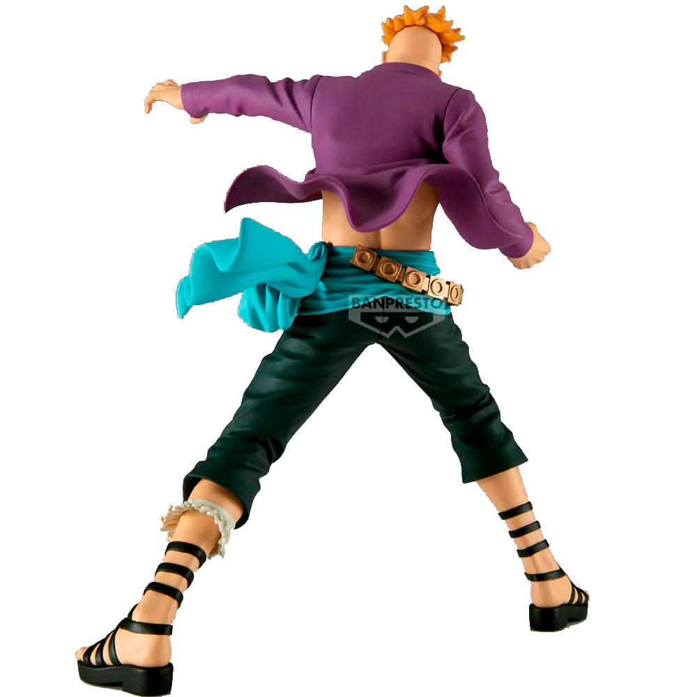Una figura con capelli arancioni, giacca viola, fascia blu e pantaloni scuri.
