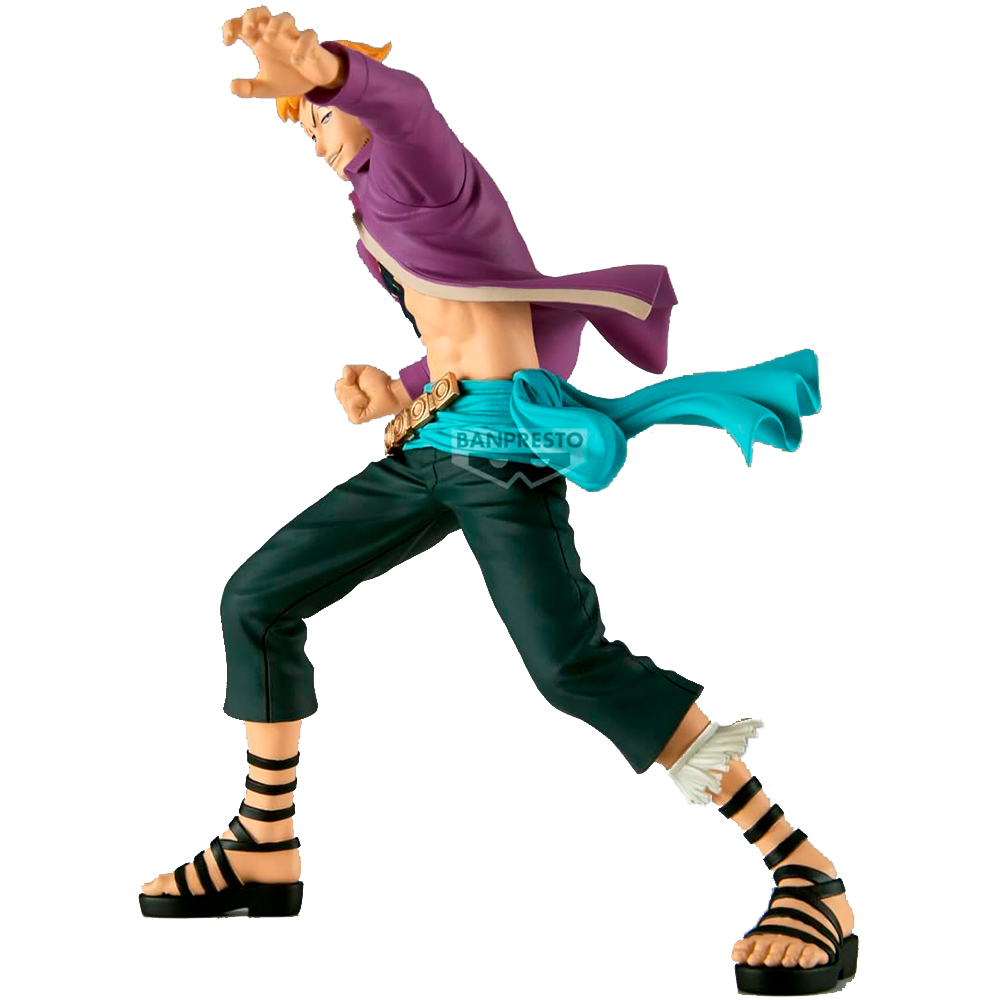 Statua anime di un uomo con giacca viola, pantaloni scuri e sandali, in posa dinamica.
