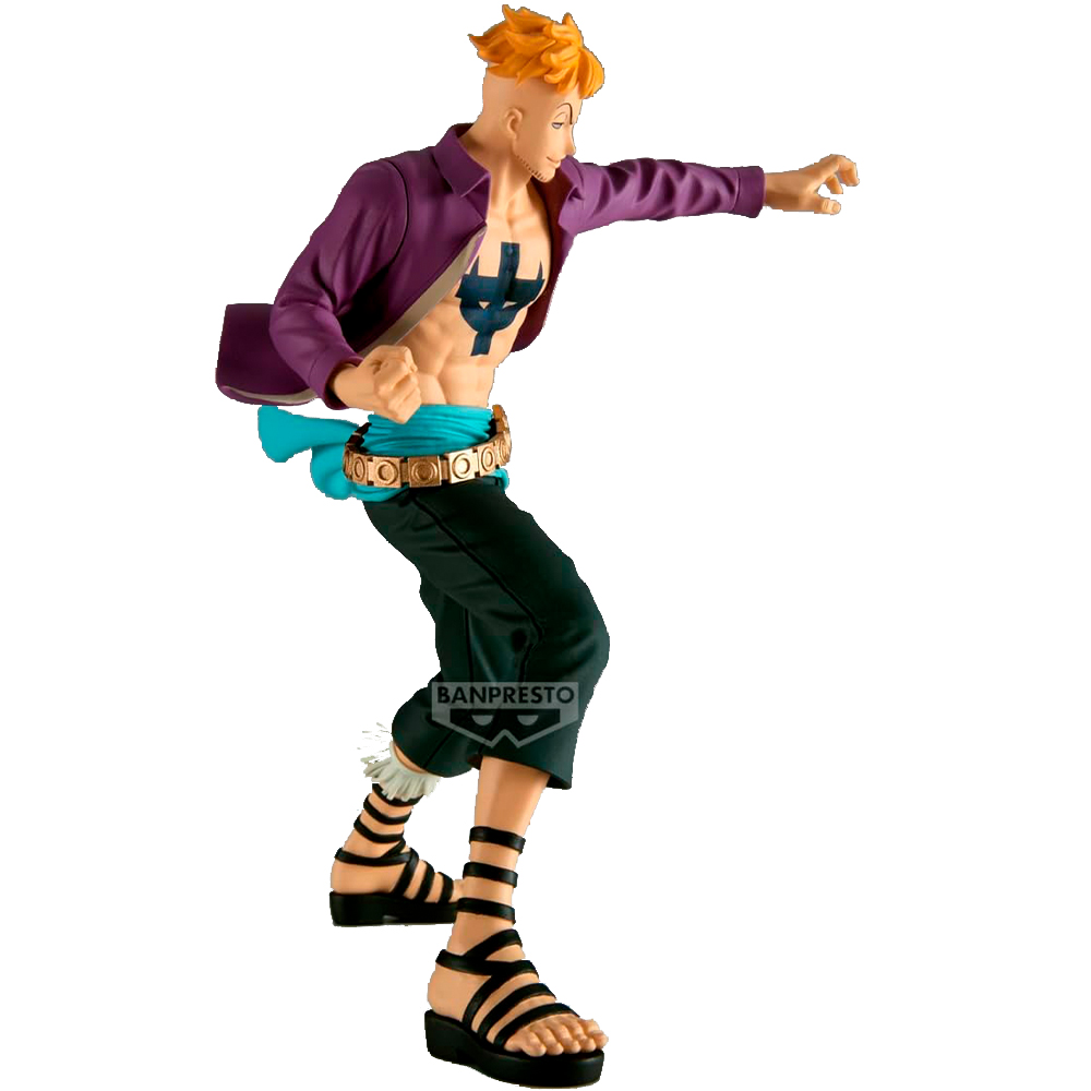 Una figura con capelli arancioni, giacca viola e pantaloni blu, in posa.