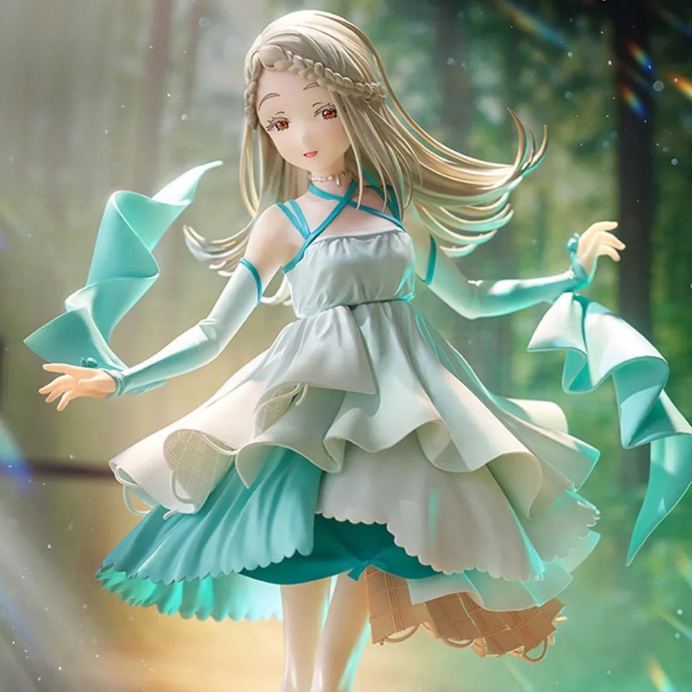 Figura anime di ragazza bionda con abito bianco e turchese svolazzante in una foresta.