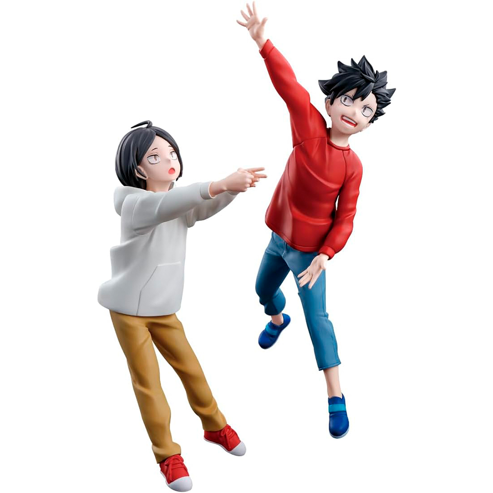 Due figure anime. Una in camicia rossa, jeans blu, scarpe blu. Altra in felpa bianca, pantaloni beige, scarpe rosse.