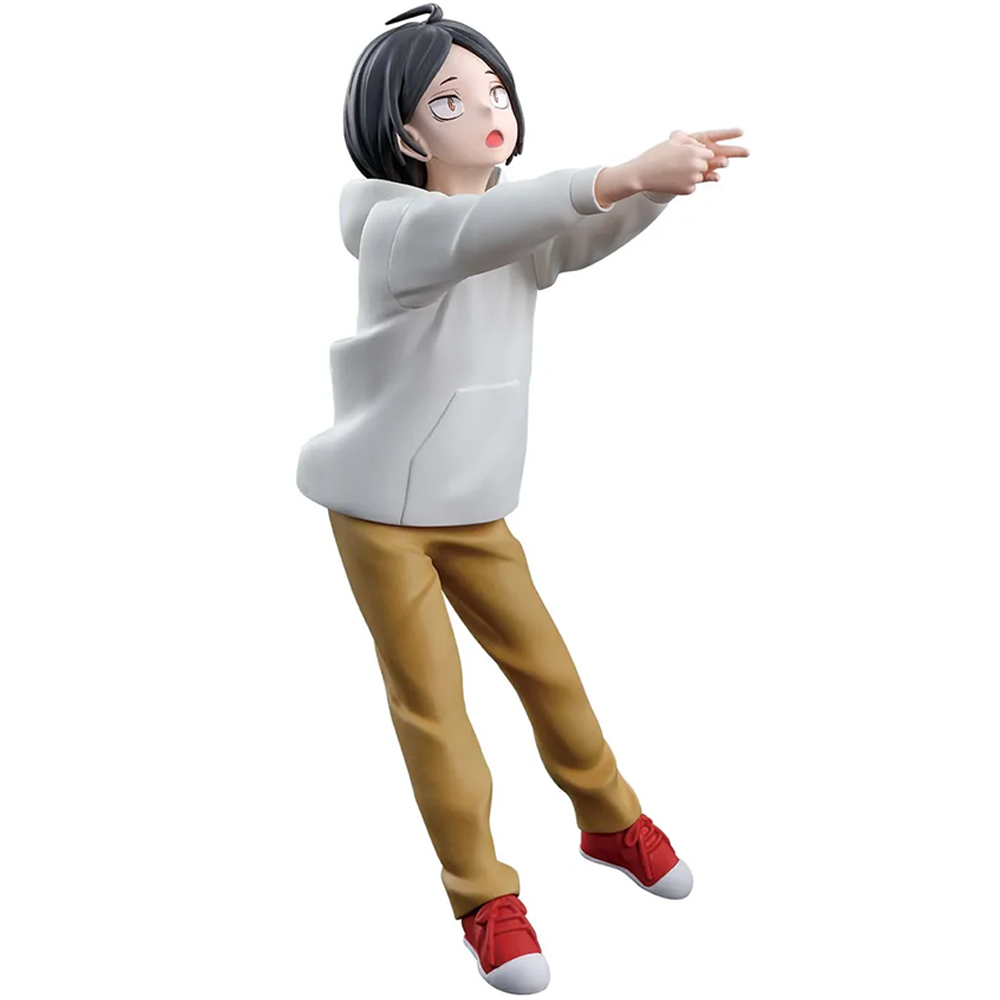 Figura anime di un ragazzo con capelli neri, felpa bianca e pantaloni marroni, che indica.