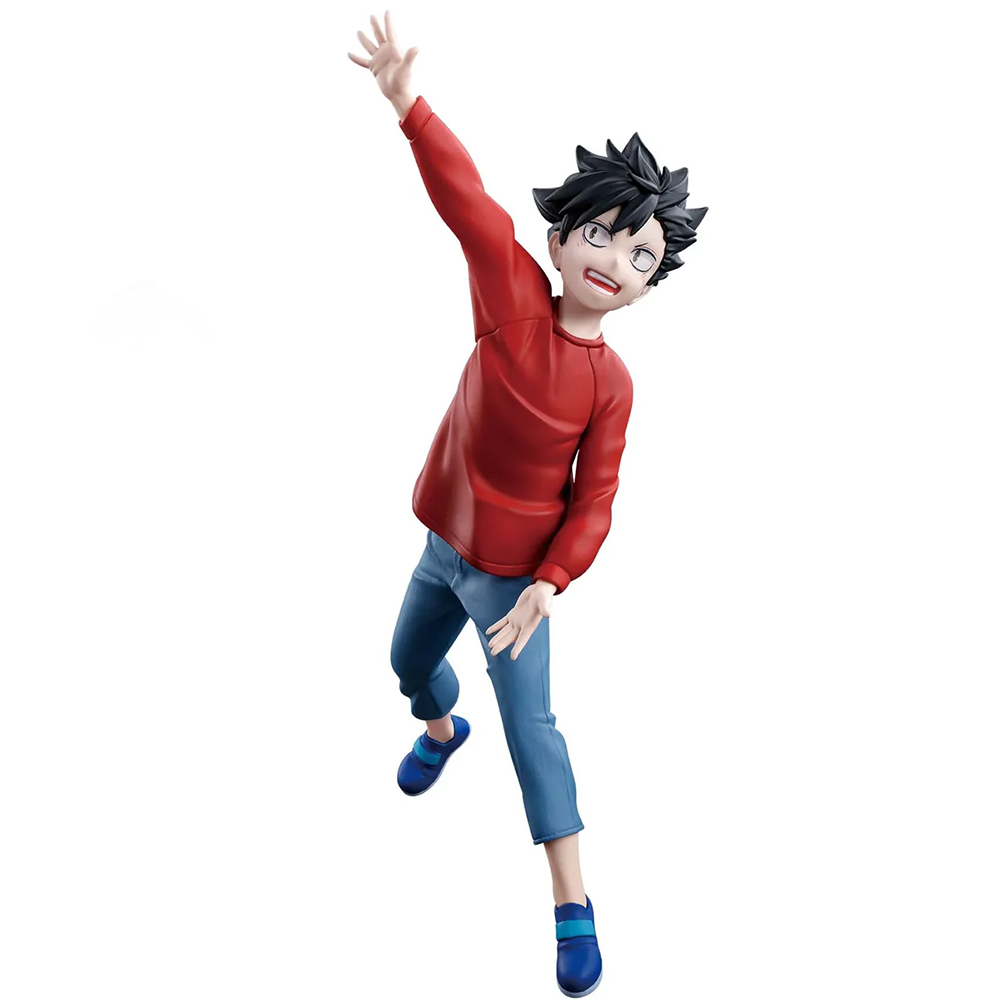 Una figura anime in maglione rosso e pantaloni blu con un braccio alzato.