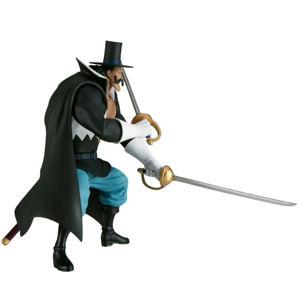 Un uomo con cilindro e baffi tiene due spade. Indossa un cappotto nero e pantaloni blu.