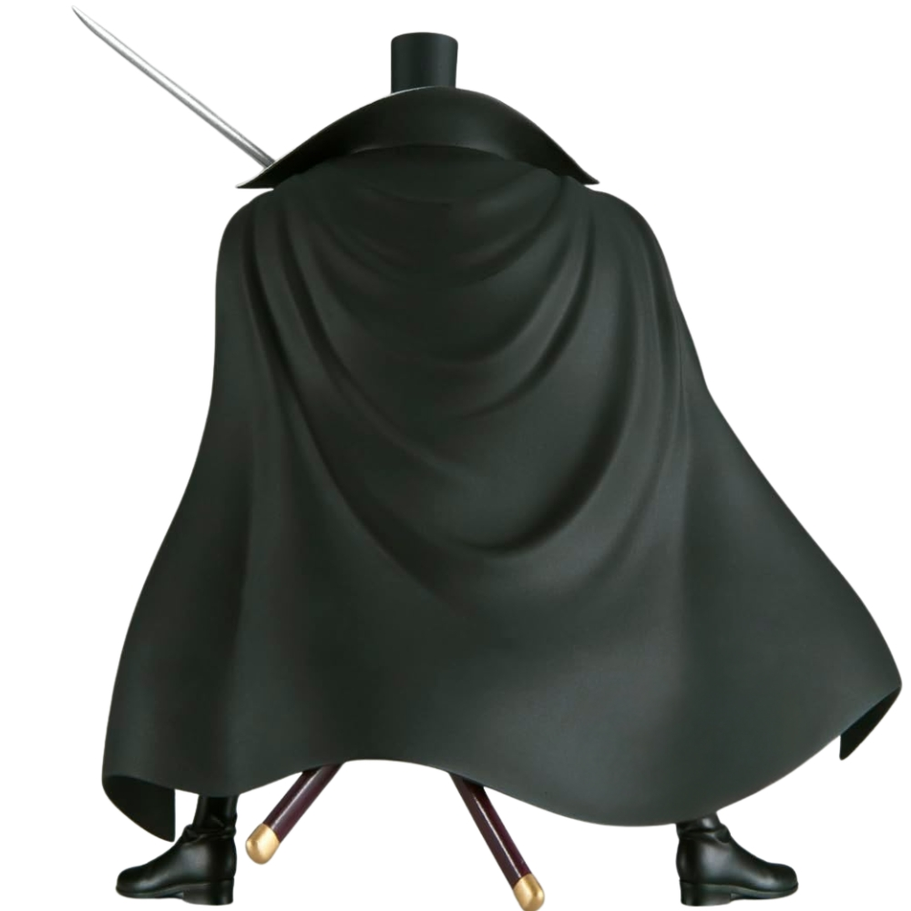 Figura in mantello nero e cappello a cilindro, con spada e due bastoni.
