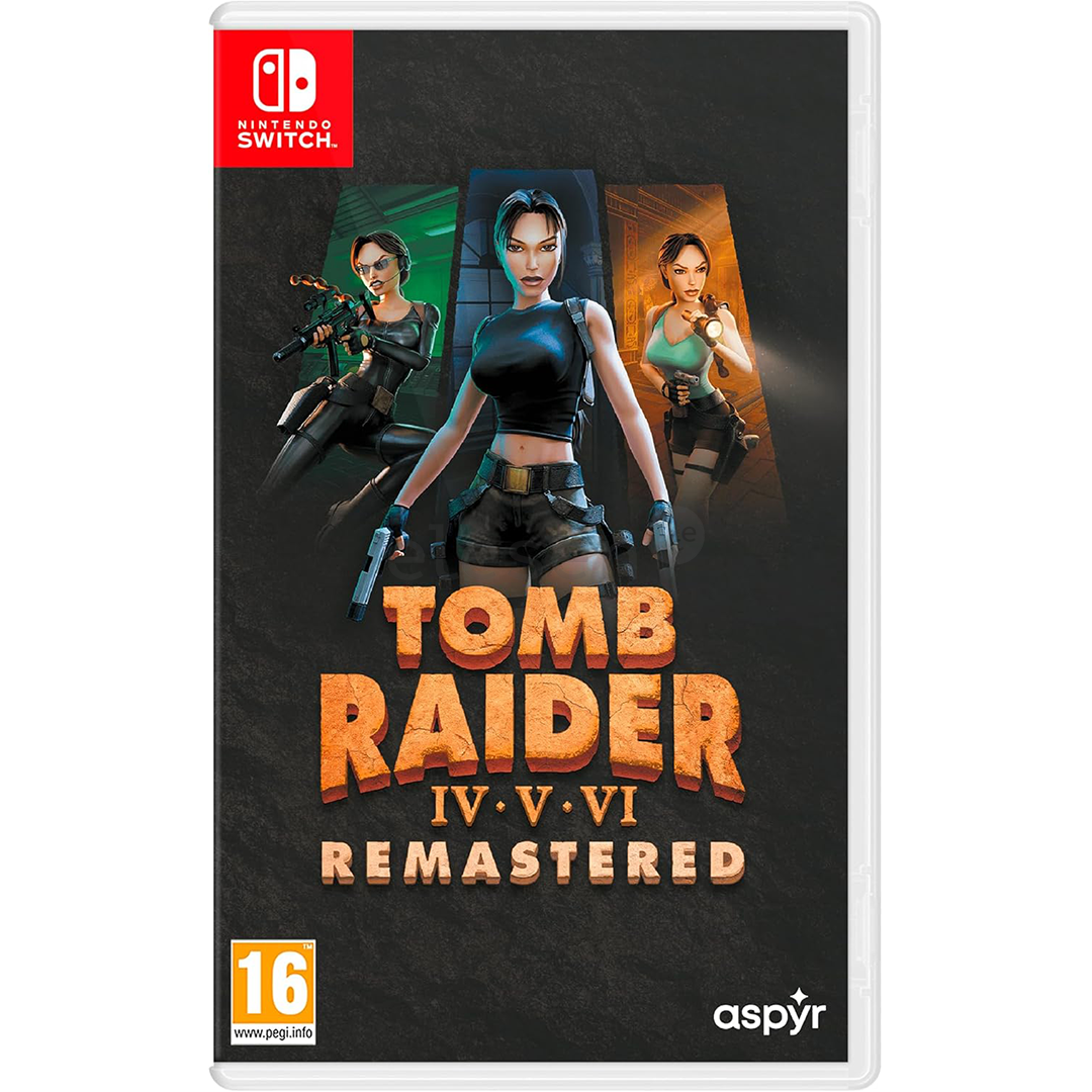 Copertina del gioco con Lara Croft in tre versioni, "Tomb Raider IV.V.VI Remastered"
