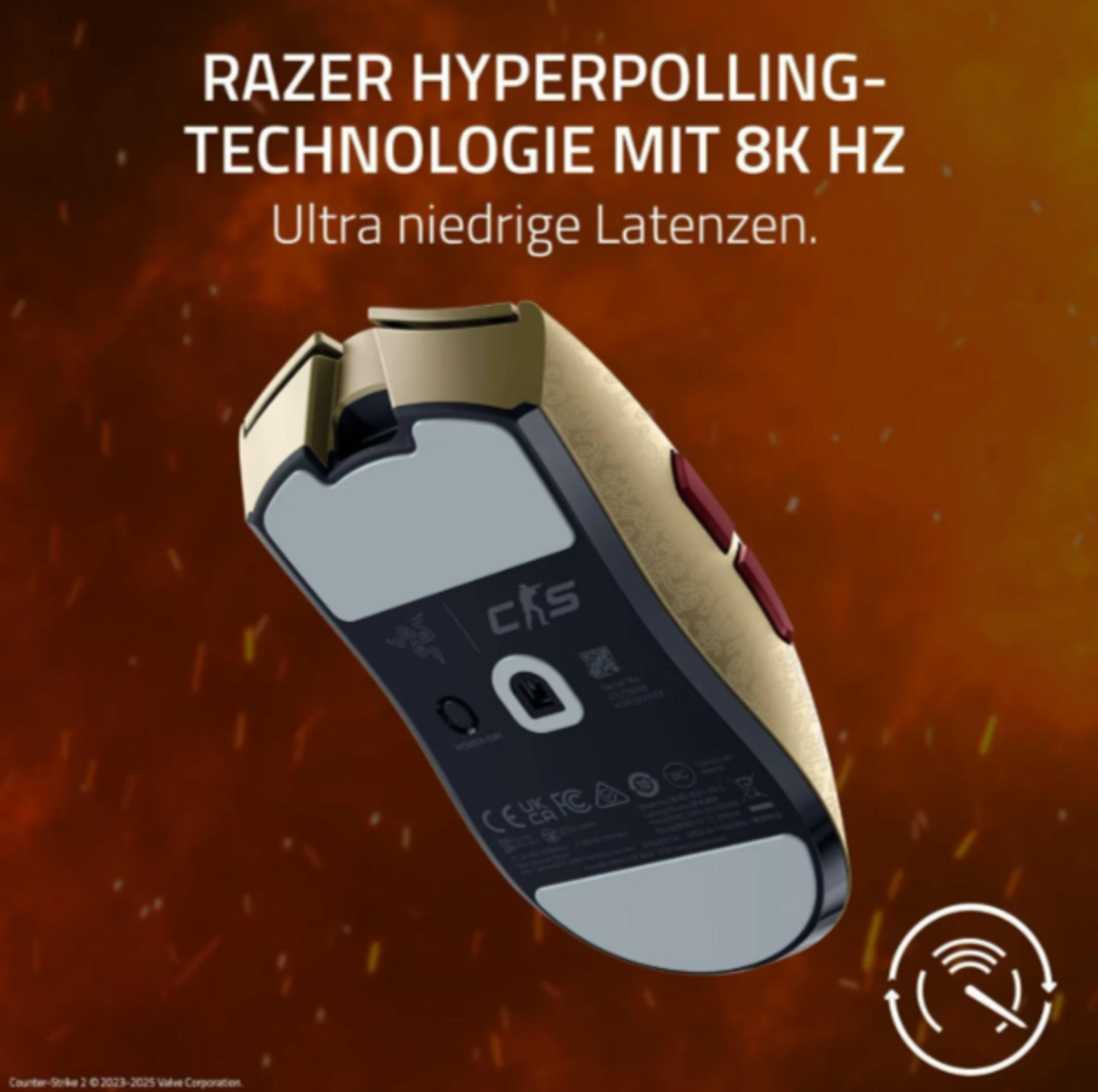 Een gouden Razer gamingmuis met '8K HZ' tekst op donkere achtergrond.