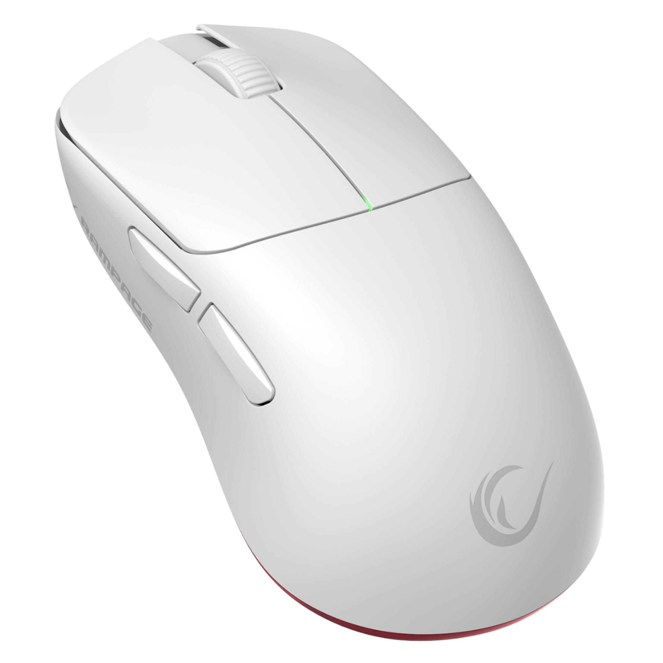 Un mouse bianco per computer con rotellina, pulsanti laterali e bordo rosso.