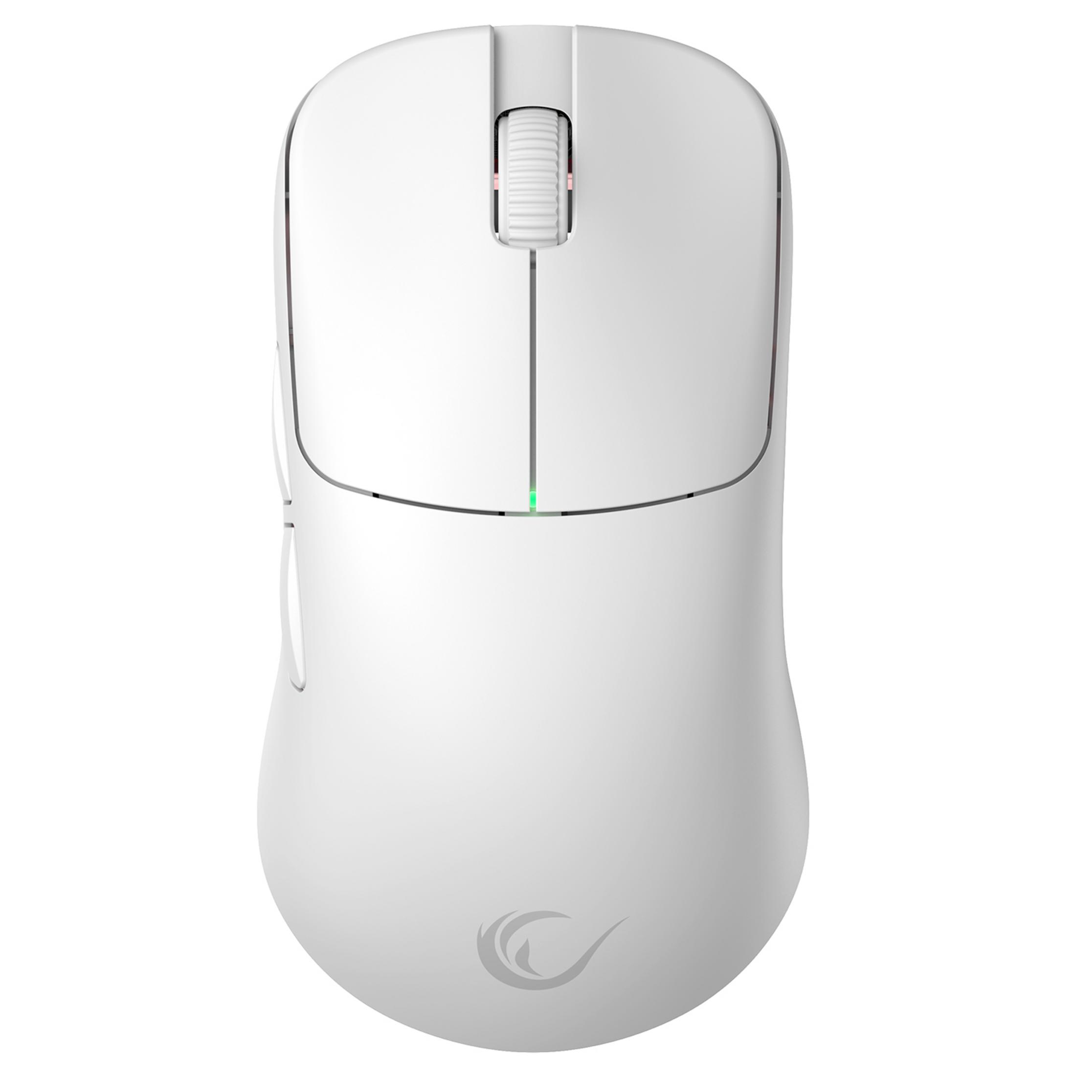 Un mouse da gioco bianco con logo stilizzato in basso.