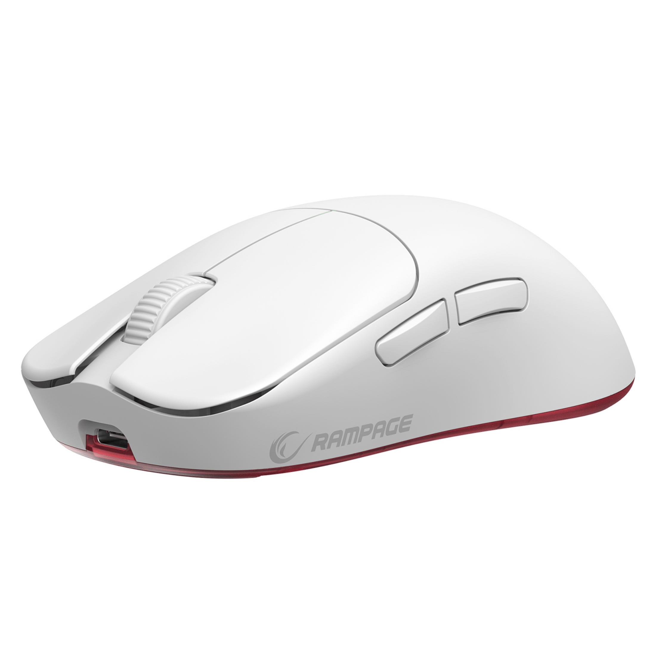 Mouse da gaming bianco con bordo rosso e rotella.
