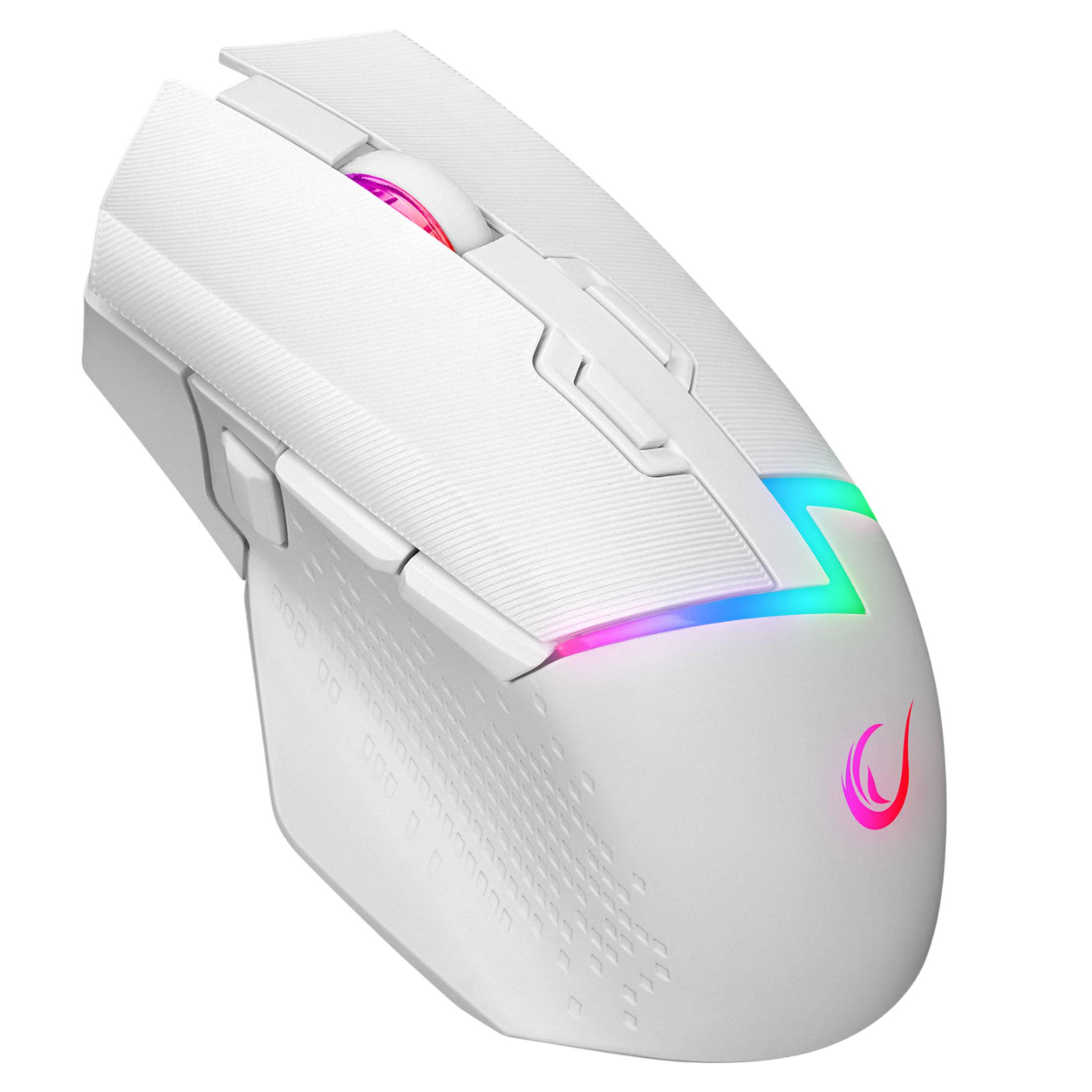 Mouse bianco da gioco con illuminazione RGB e lati testurizzati.