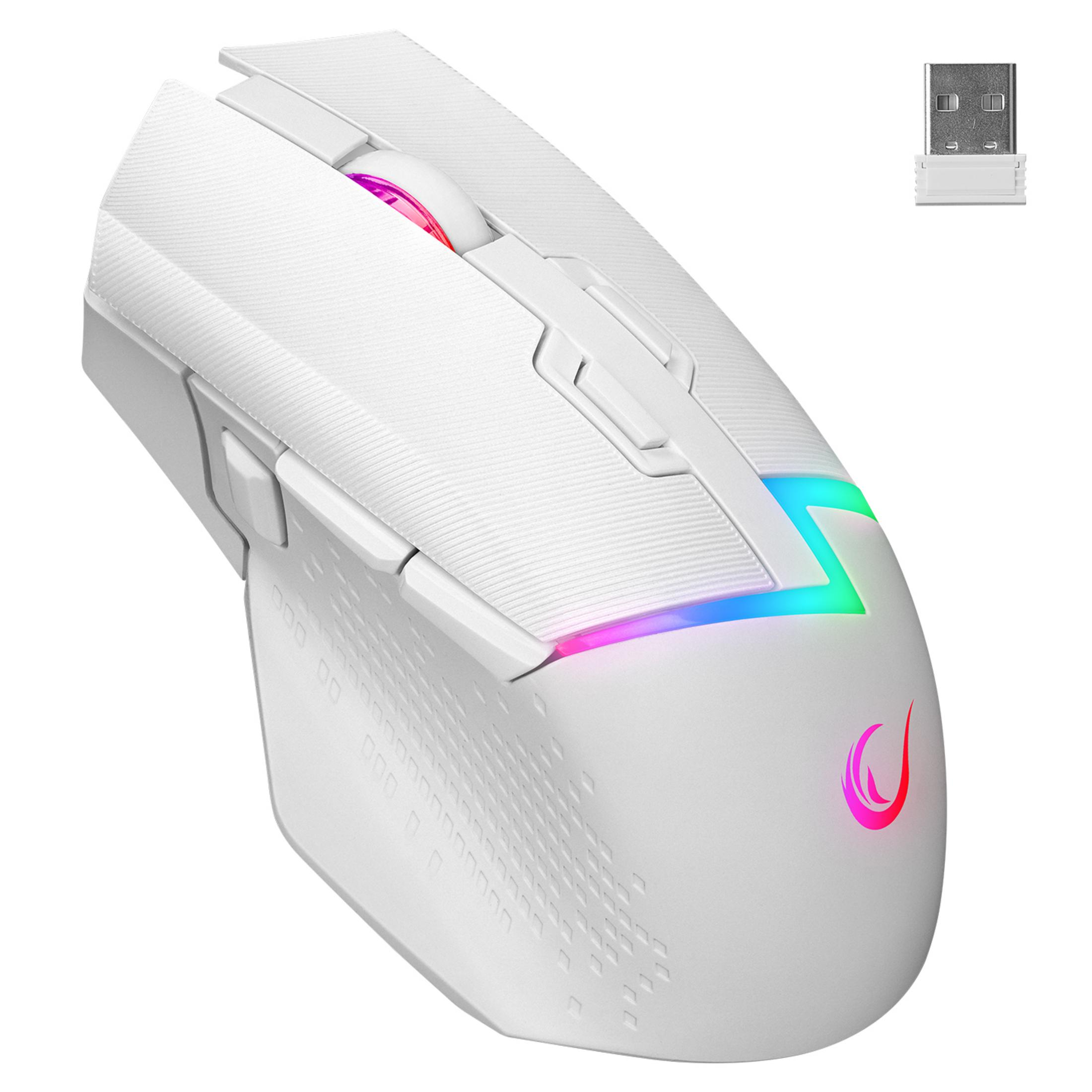Mouse bianco da gaming con illuminazione RGB e dongle USB.
