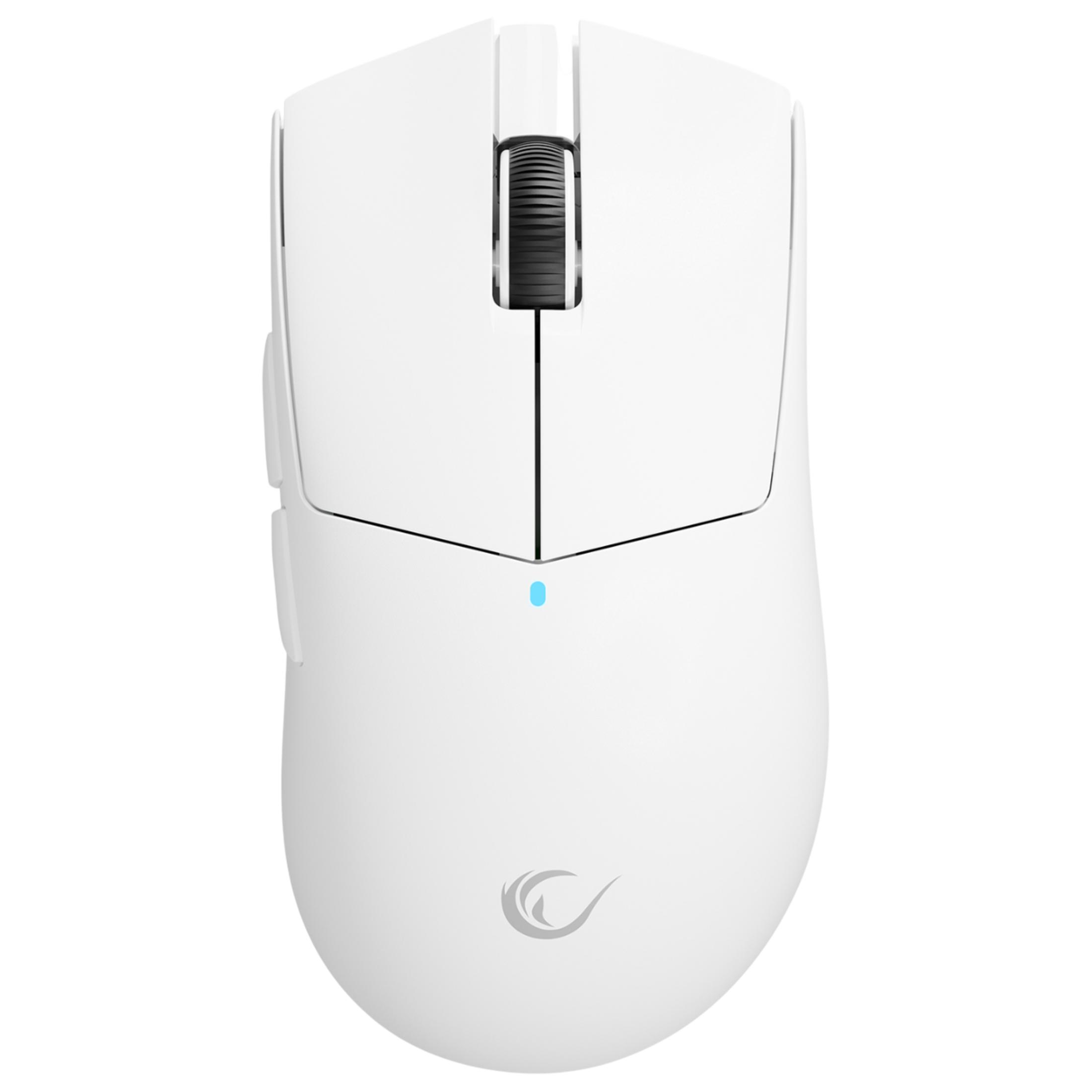 Un mouse bianco da gaming con rotellina nera e una luce blu.