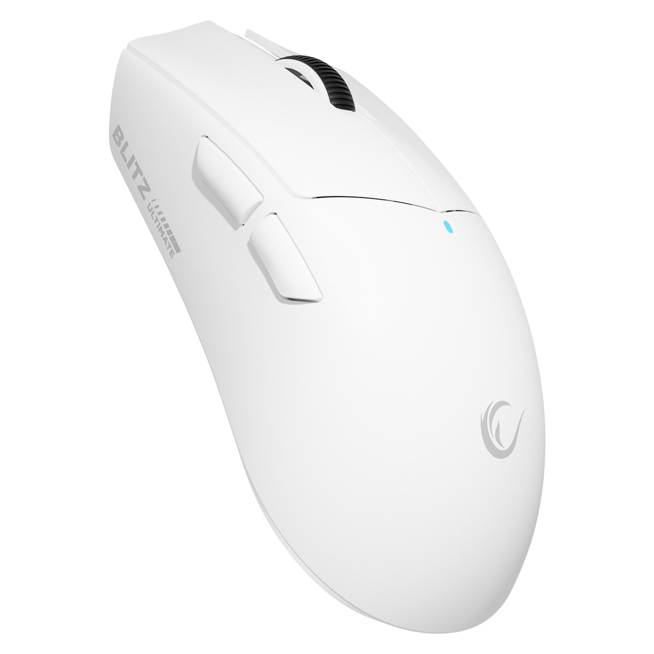 Un mouse bianco da gaming con due pulsanti e rotellina.