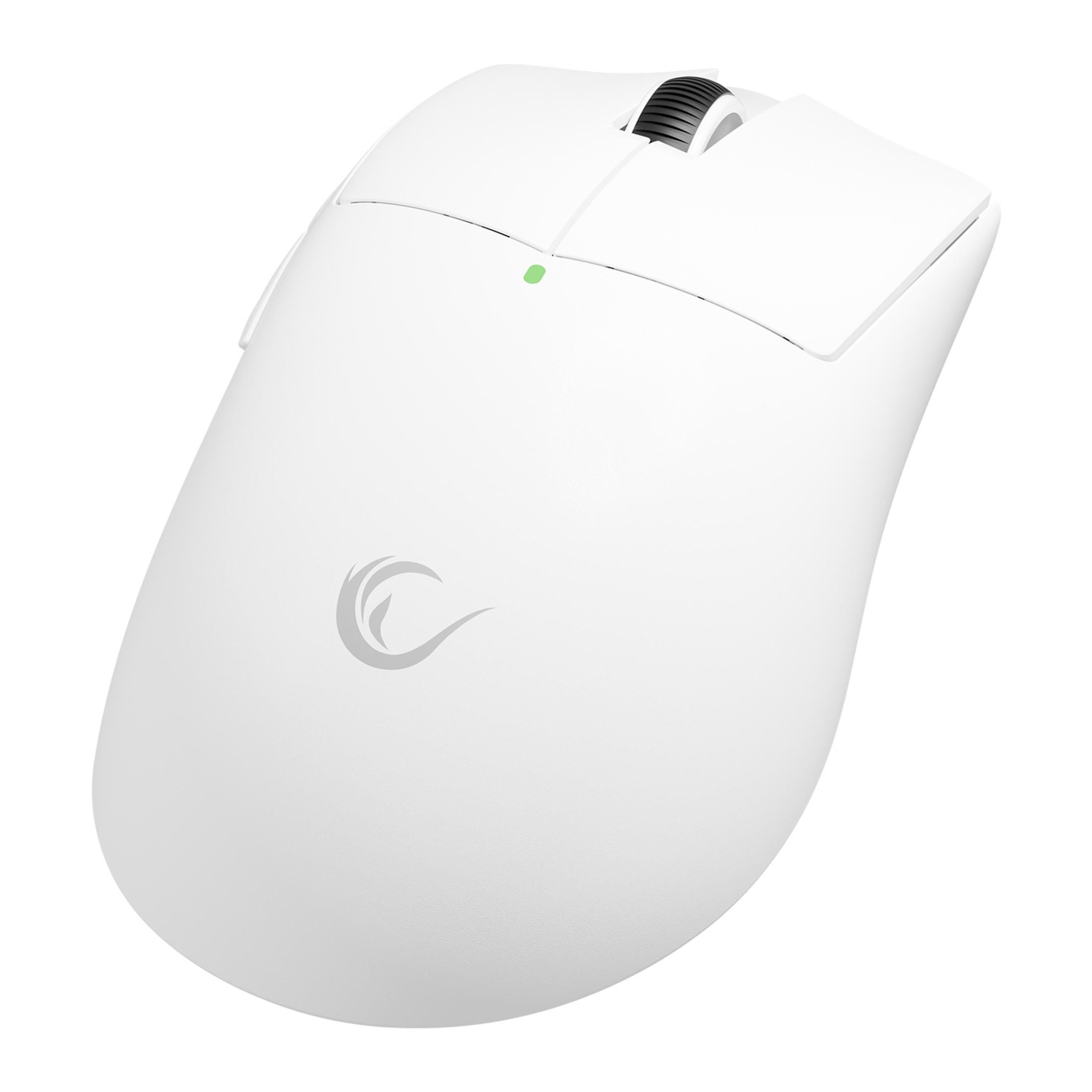 Un mouse wireless bianco con logo grigio e luce verde.