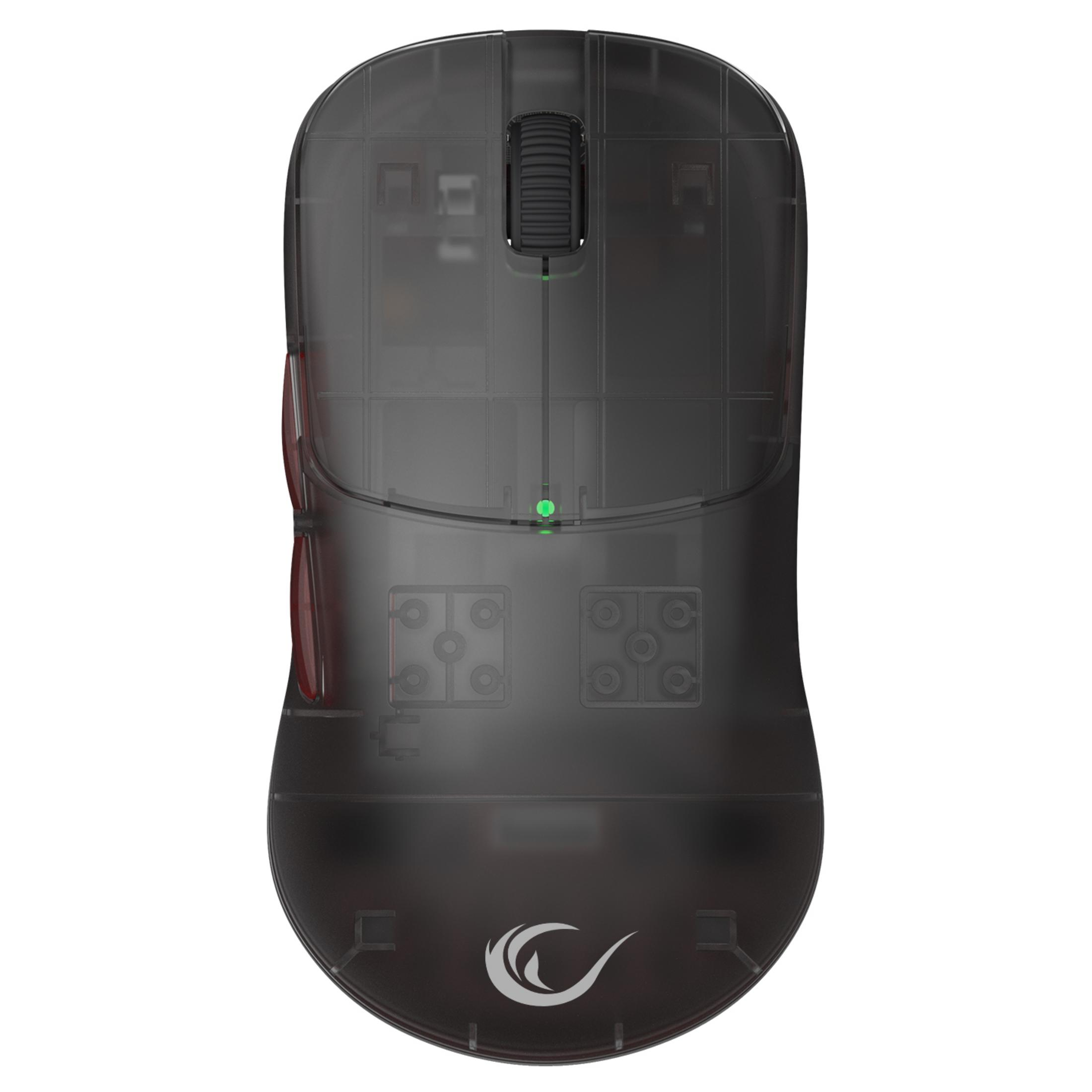 Un mouse da gioco nero trasparente con rotellina e accento rosso.