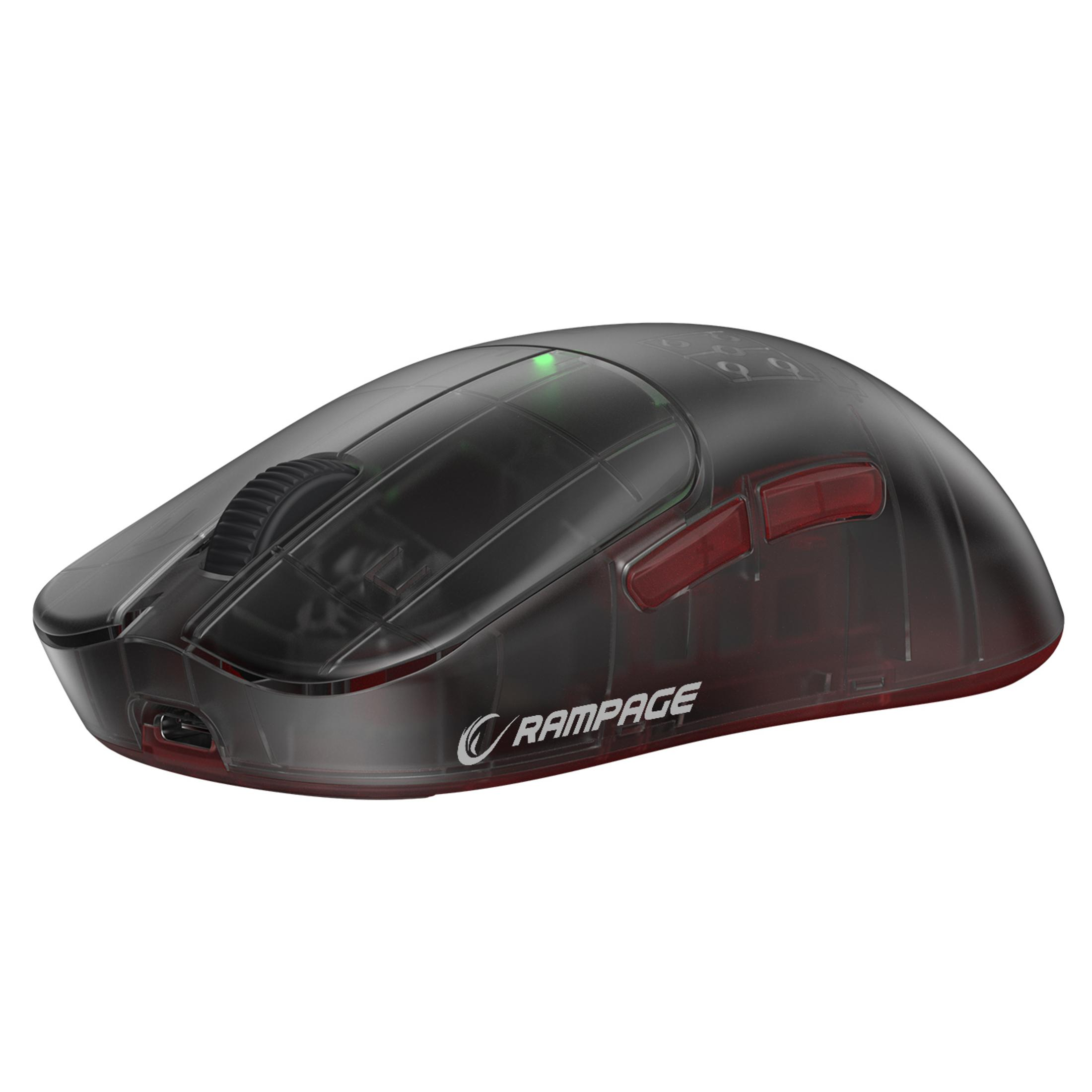 Un mouse gaming nero trasparente con accenti rossi e rotella.
